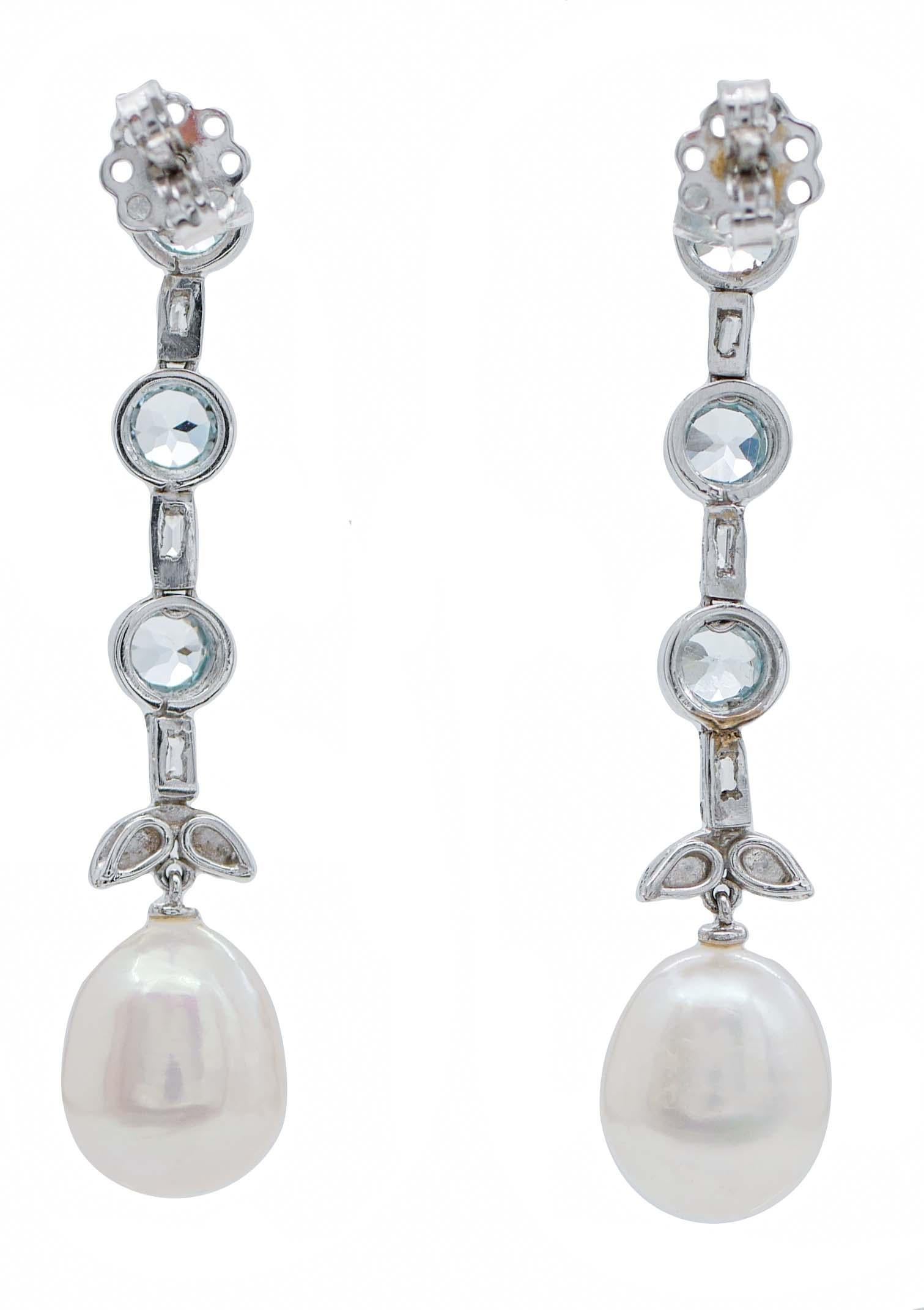 Retro Pearls, Aquamarine, Diamonds, Platinum Dangle Earrings For Sale