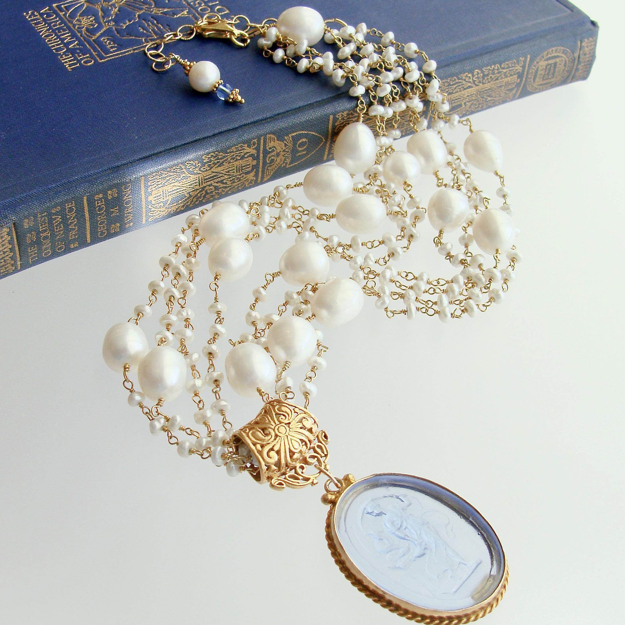 Neoclassical Pearls Blue Venetian Glass Intaglio Cameo Necklace, Taormina III Necklace