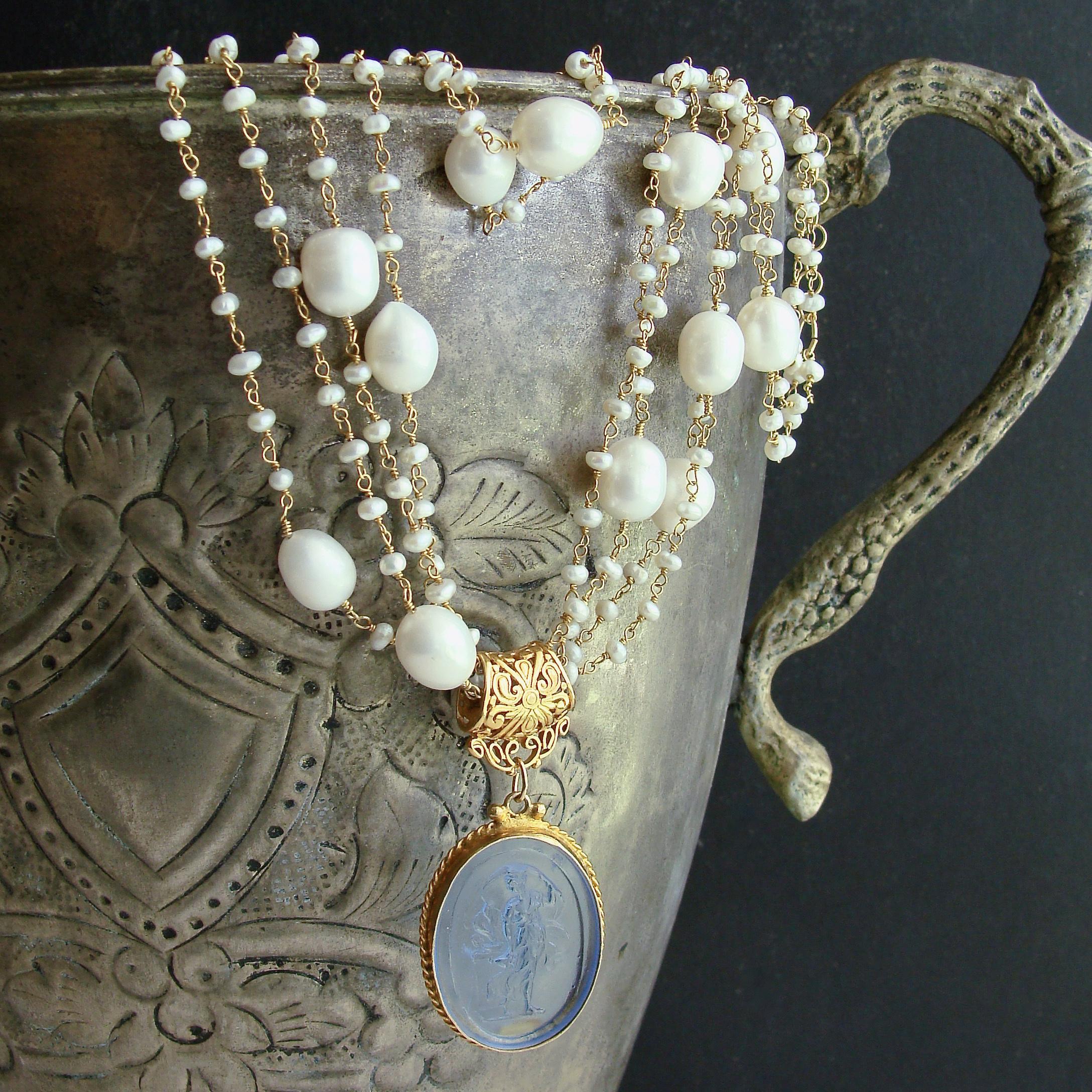 Bead Pearls Blue Venetian Glass Intaglio Cameo Necklace, Taormina III Necklace