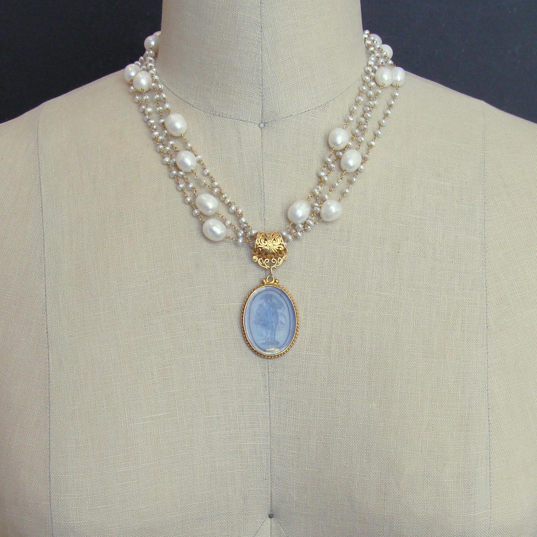 Pearls Blue Venetian Glass Intaglio Cameo Necklace, Taormina III Necklace In New Condition In Colleyville, TX