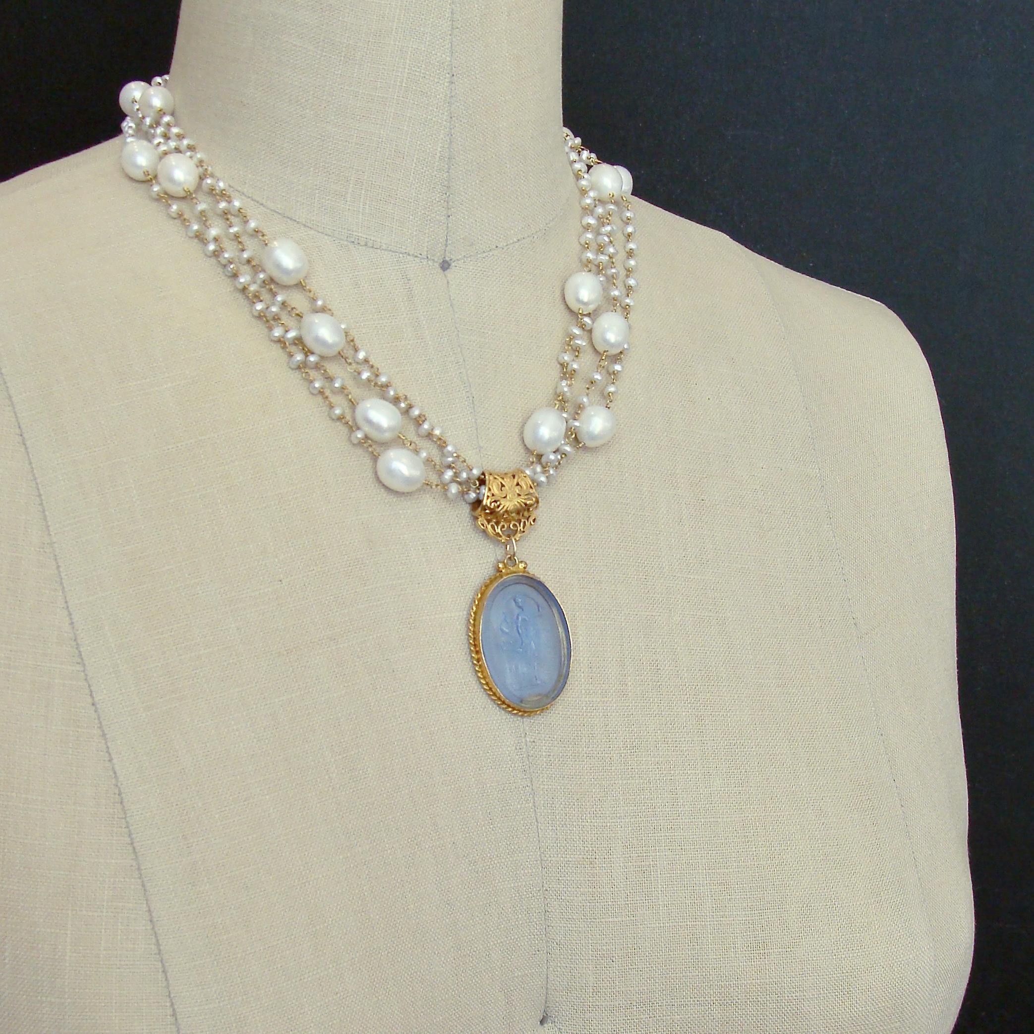 Women's Pearls Blue Venetian Glass Intaglio Cameo Necklace, Taormina III Necklace