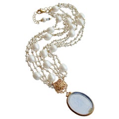 Pearls Blue Venetian Glass Intaglio Cameo Necklace, Taormina III Necklace