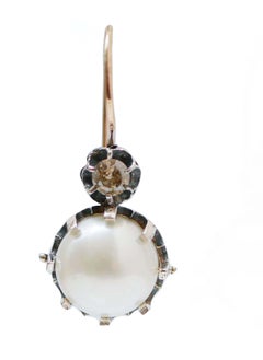 Pearls, Brown Diamonds, Rose Gold and Silver Dangle Earrings.