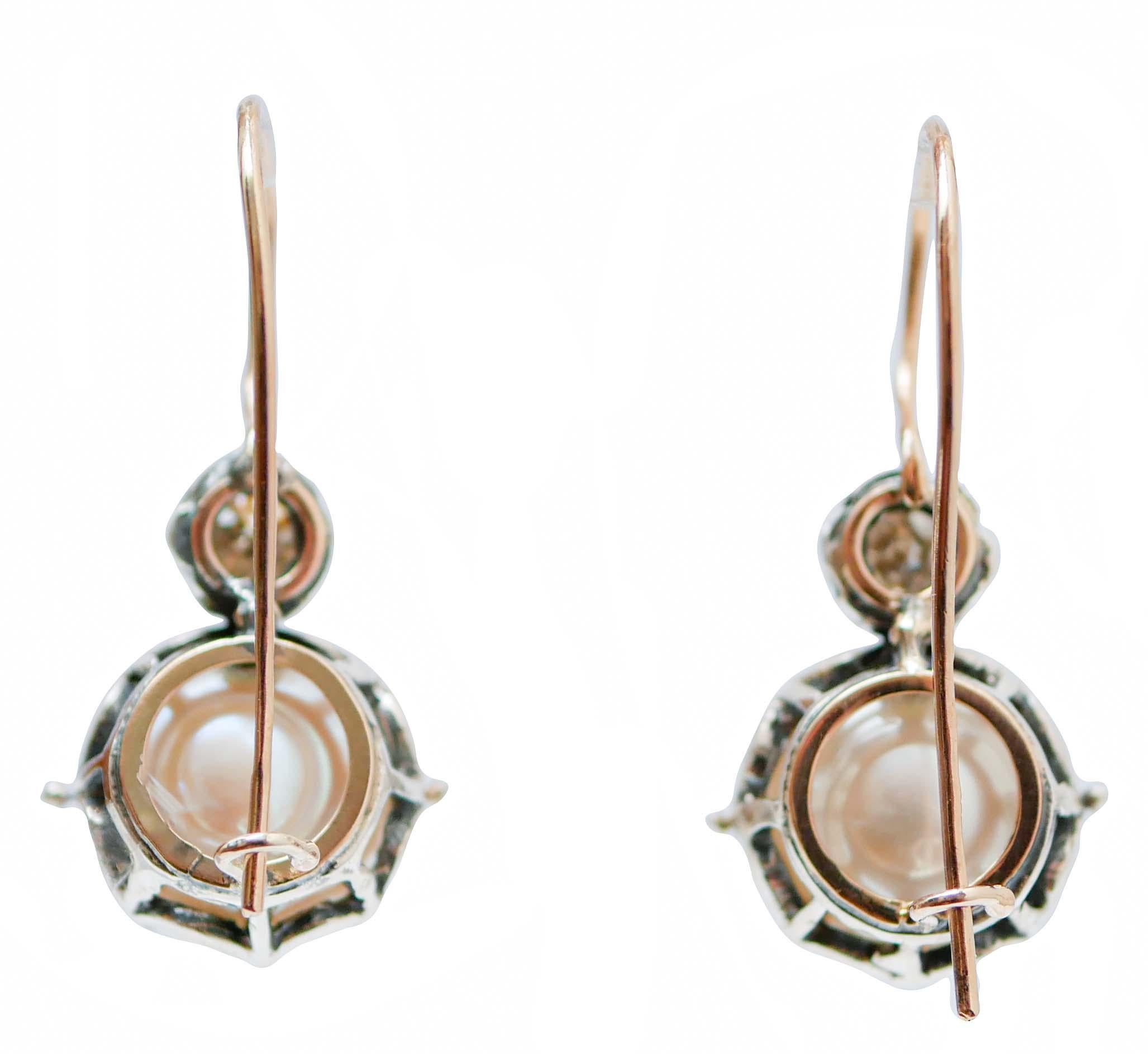 Retro Pearls, Brown Diamonds, Rose Gold and Silver Dangle Earrings. For Sale