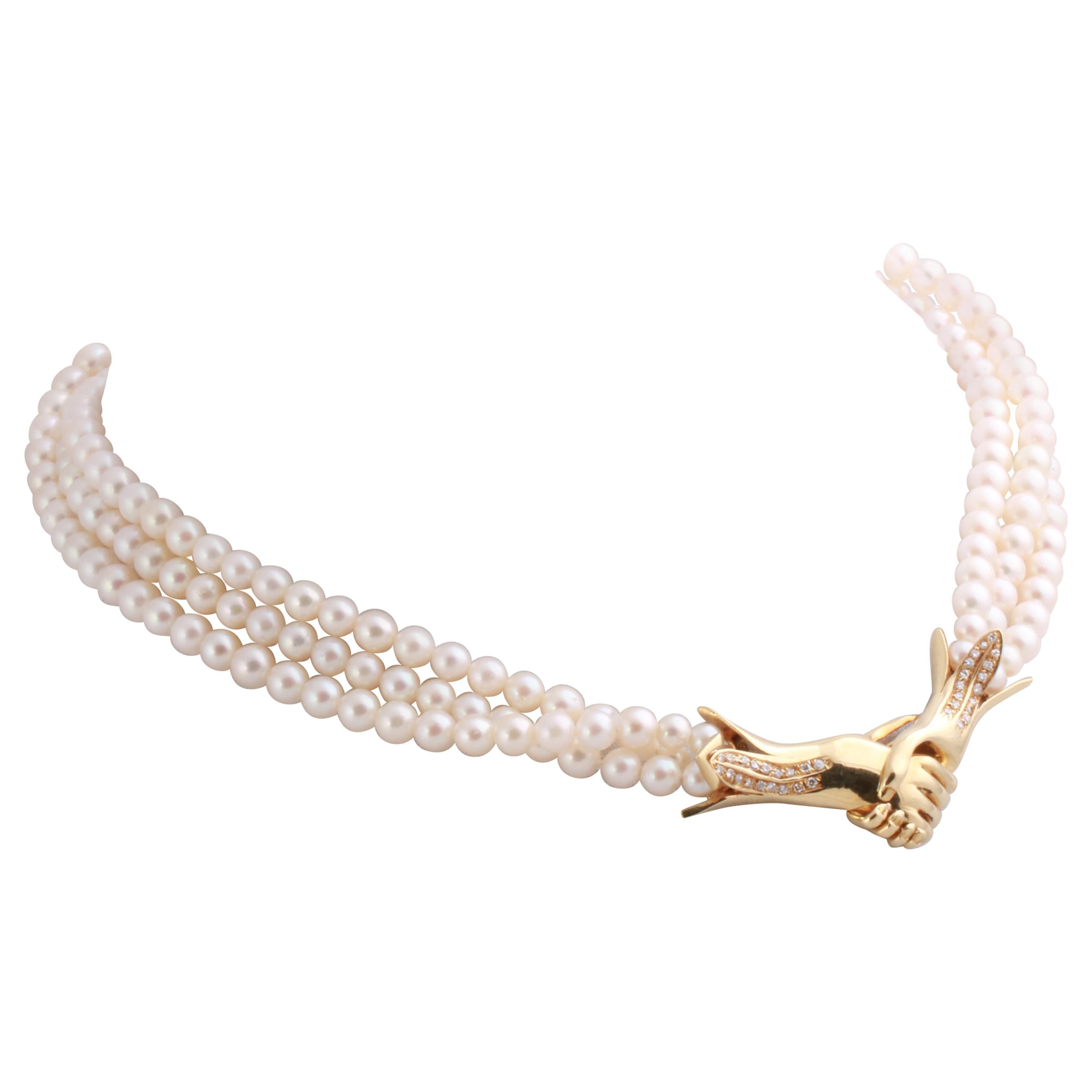 Boucheron Pearl Neckace with Carved Emerald and Diamond Clasp at 1stDibs