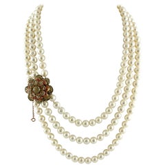 Pearls, Colored hard stone, 9 K Rose Gold and Silver Multi-Strands Necklace