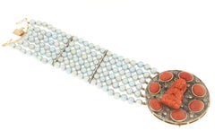 Pearls Coral Diamonds 14 Karat Yellow Gold Cuff Bracelet