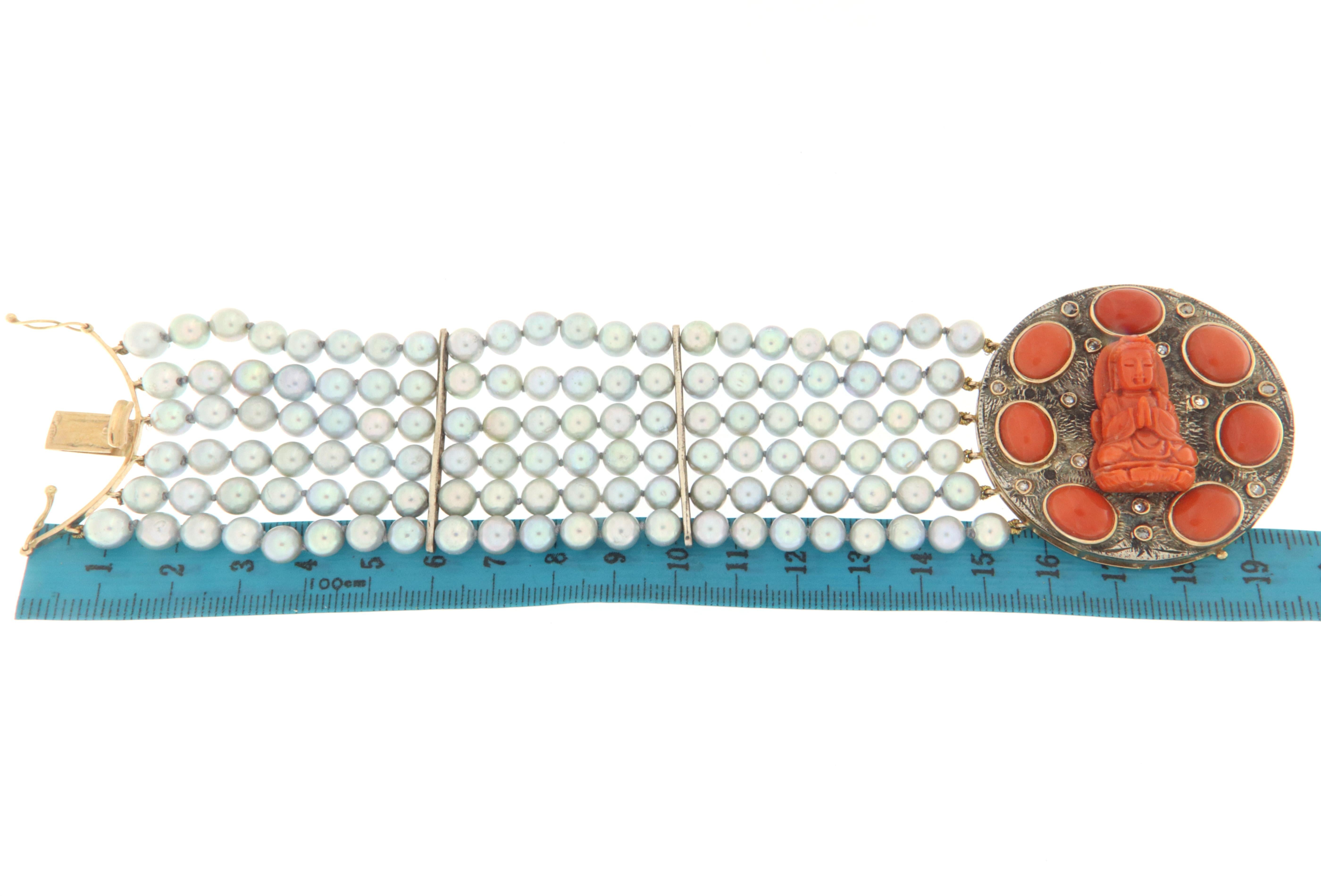 Artisan Pearls Coral Diamonds 14 Karat Yellow Gold Cuff Bracelet For Sale