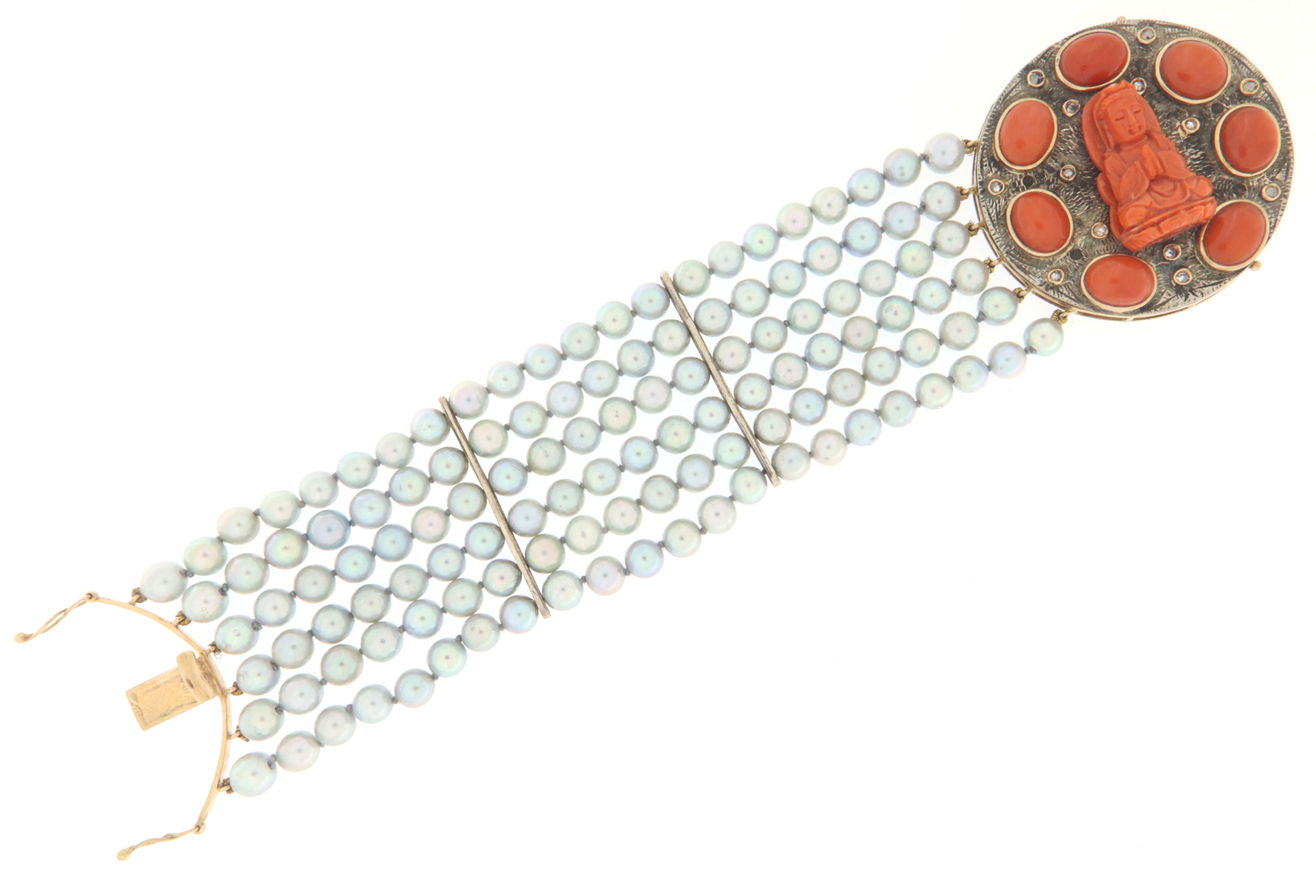 Pearls Coral Diamonds 14 Karat Yellow Gold Cuff Bracelet In New Condition For Sale In Marcianise, IT
