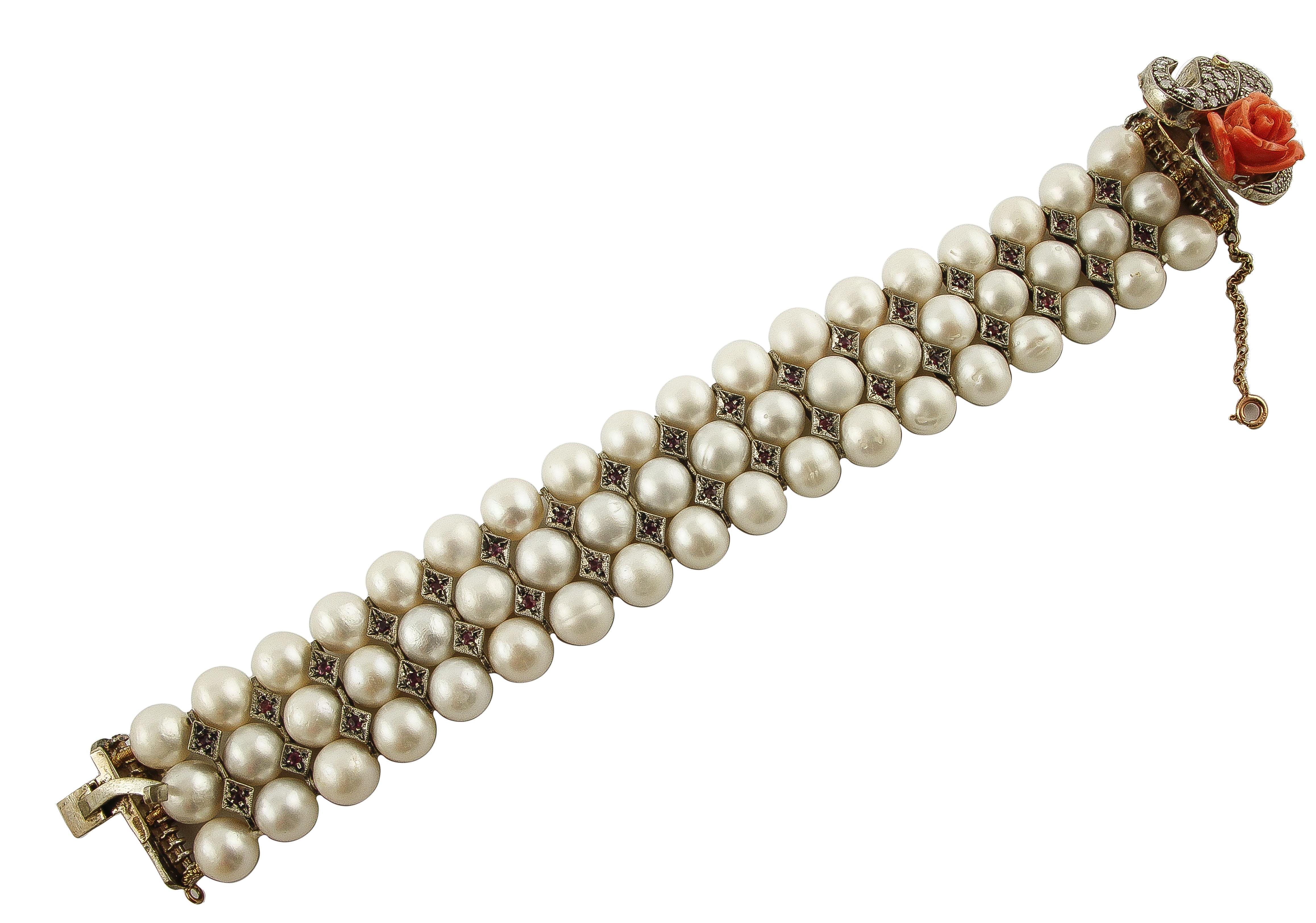 Retro Pearls, Coral, Diamonds, Rubies, 9 Karat Rose Gold and Silver Beaded Bracelet