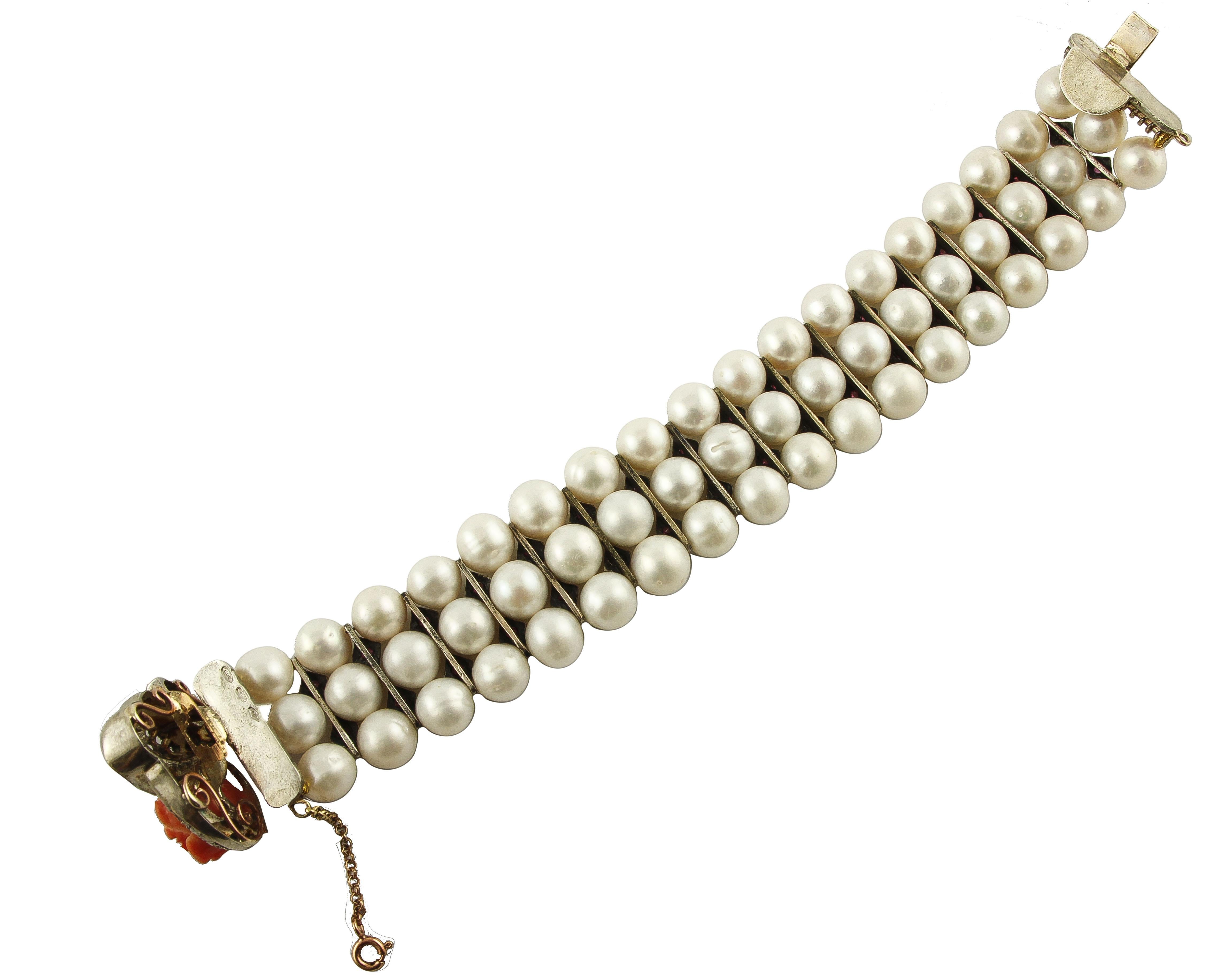 Pearls, Coral, Diamonds, Rubies, 9 Karat Rose Gold and Silver Beaded Bracelet In Excellent Condition In Marcianise, Marcianise (CE)