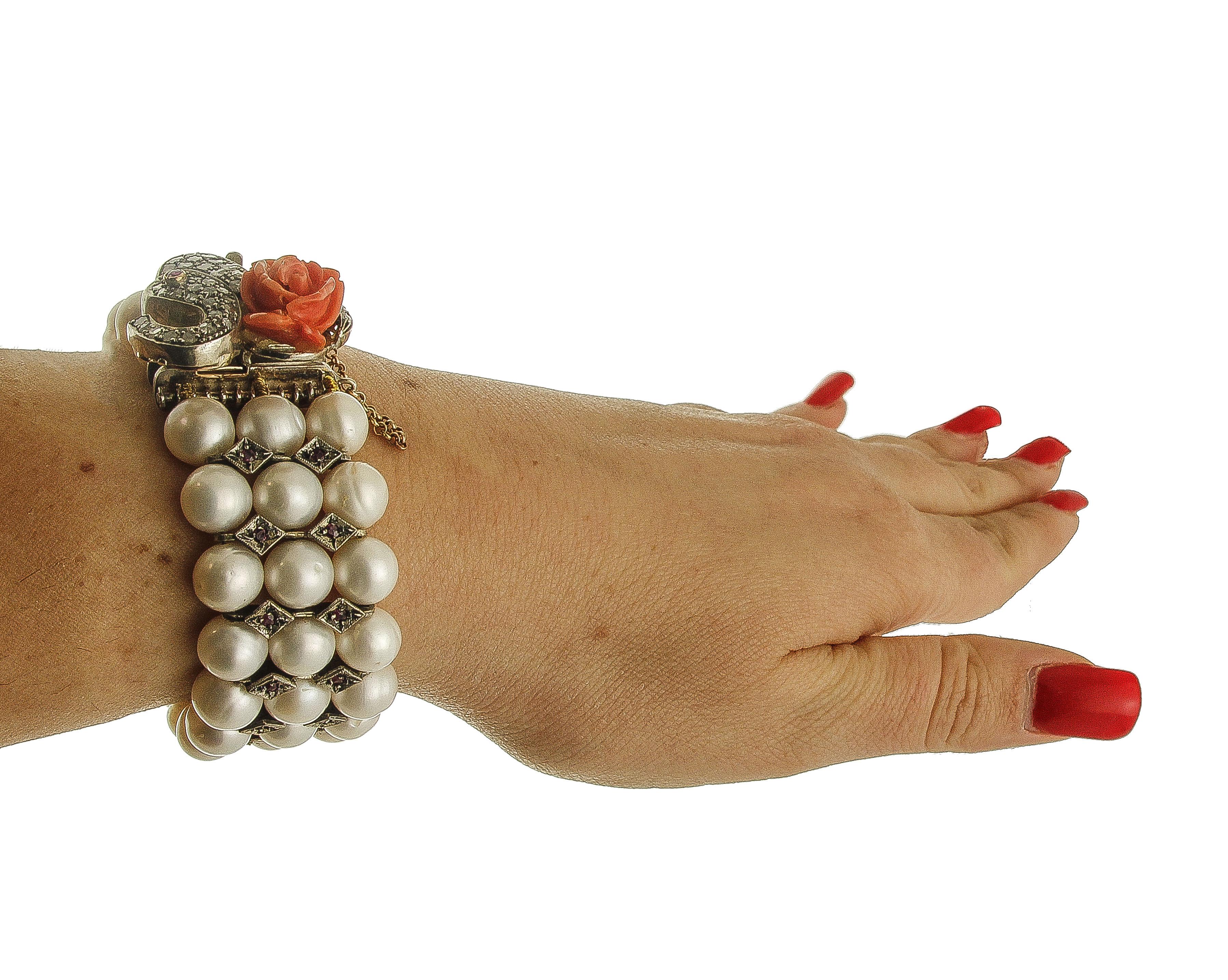Pearls, Coral, Diamonds, Rubies, 9 Karat Rose Gold and Silver Beaded Bracelet 1