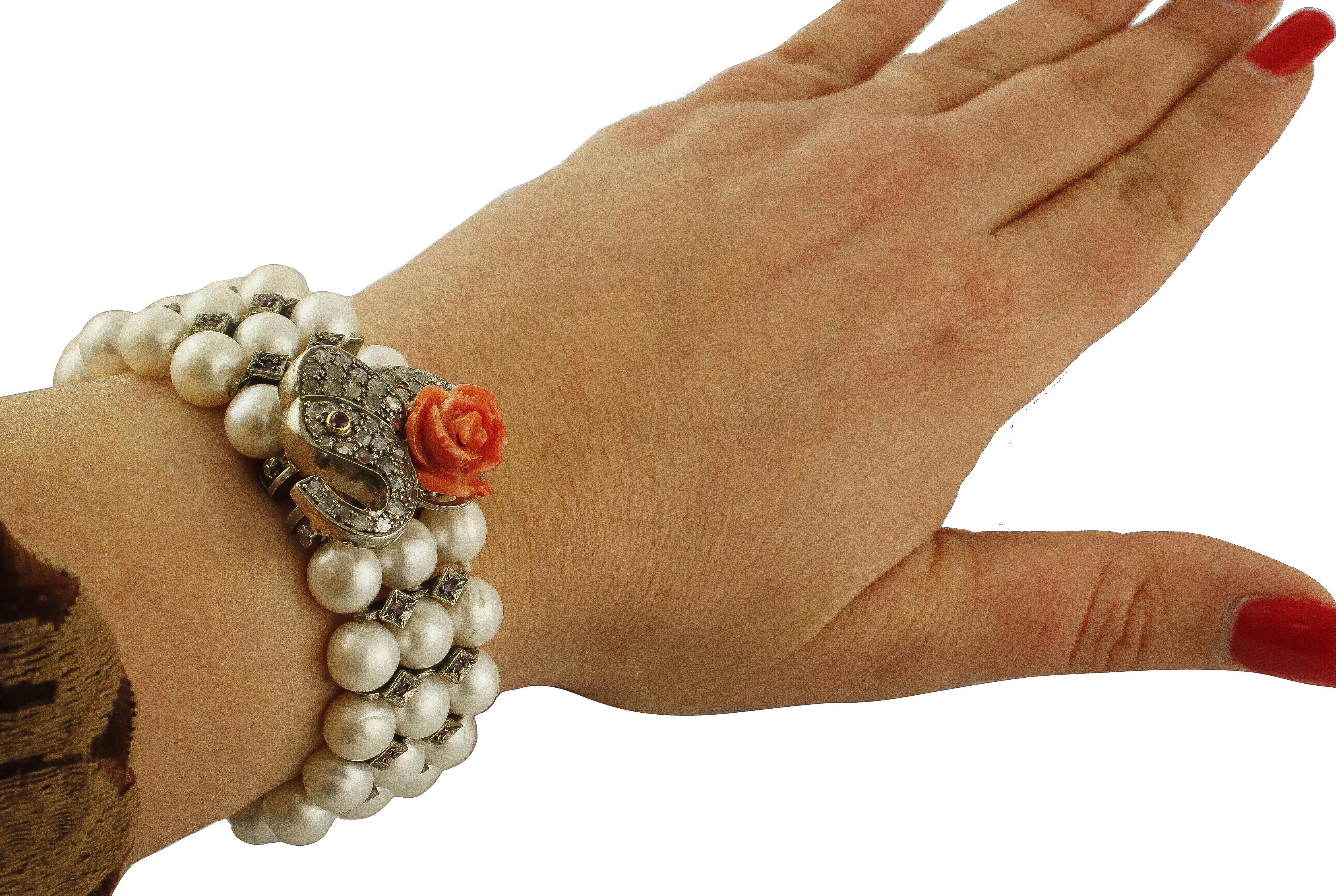 Pearls, Coral, Diamonds, Rubies, 9 Karat Rose Gold and Silver Beaded Bracelet 3