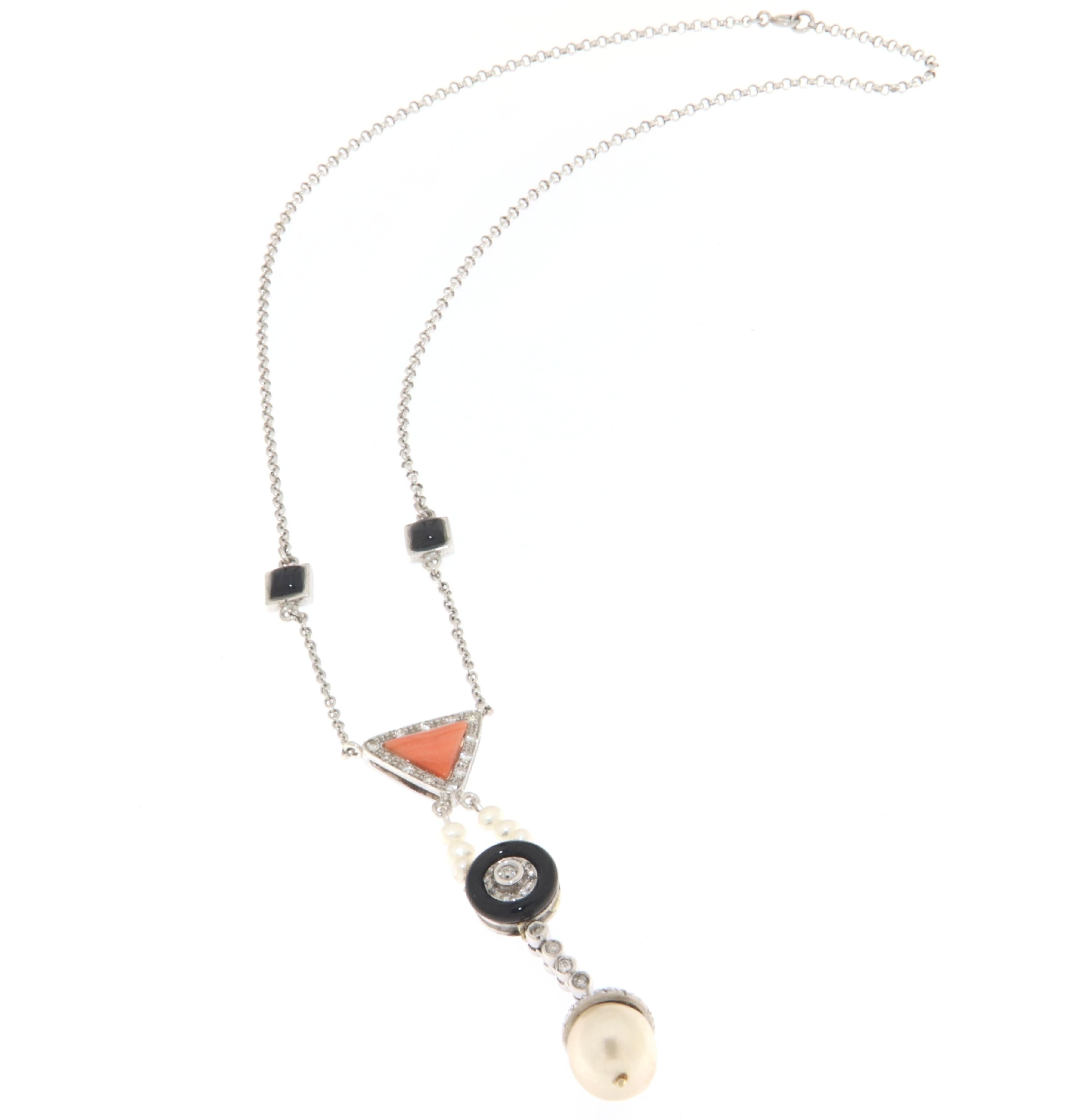 Artisan Pearls Coral Onyx Diamonds 18 Karat White Gold Pendant Necklace For Sale