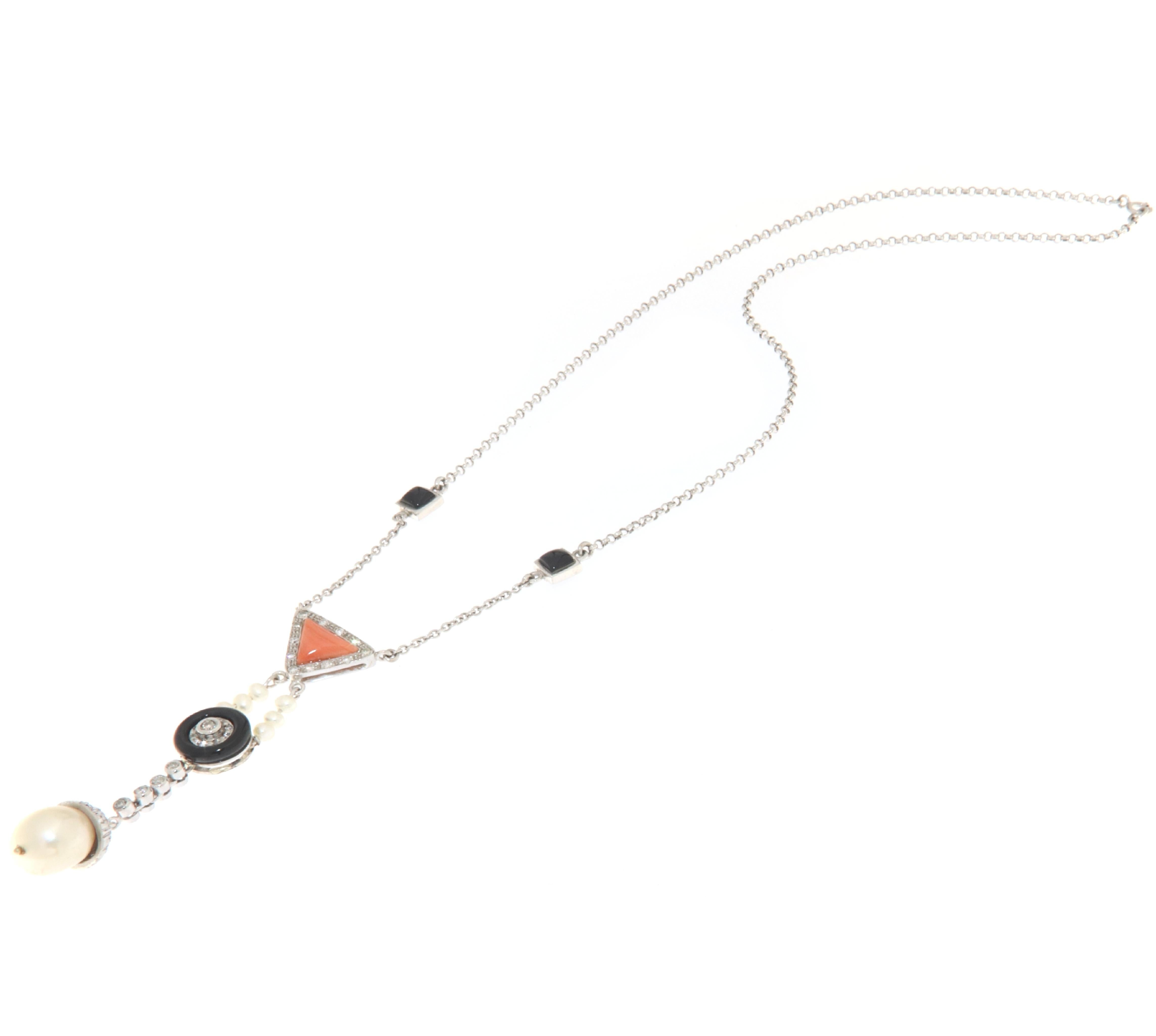 Brilliant Cut Pearls Coral Onyx Diamonds 18 Karat White Gold Pendant Necklace For Sale