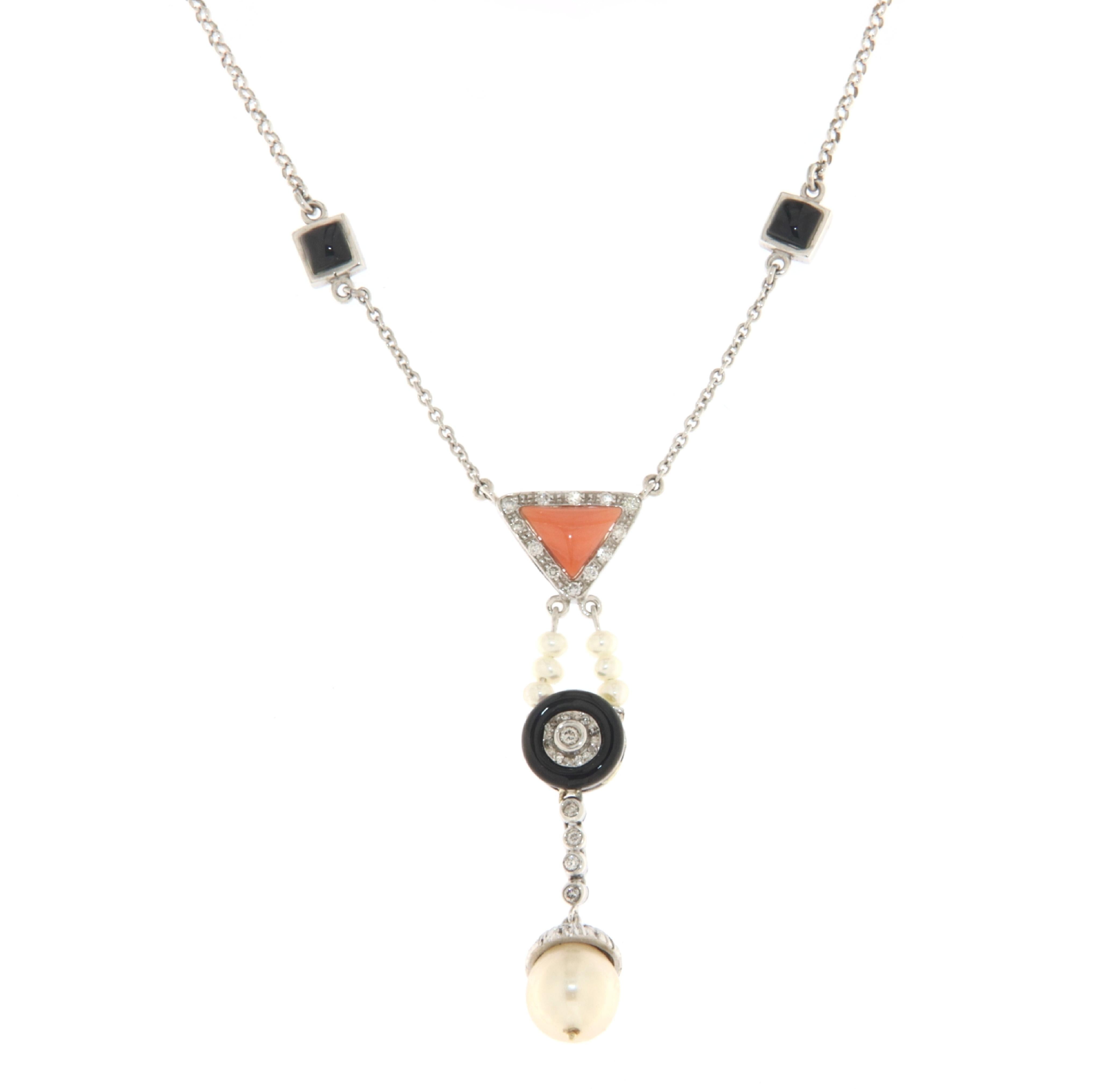 Pearls Coral Onyx Diamonds 18 Karat White Gold Pendant Necklace For Sale 1