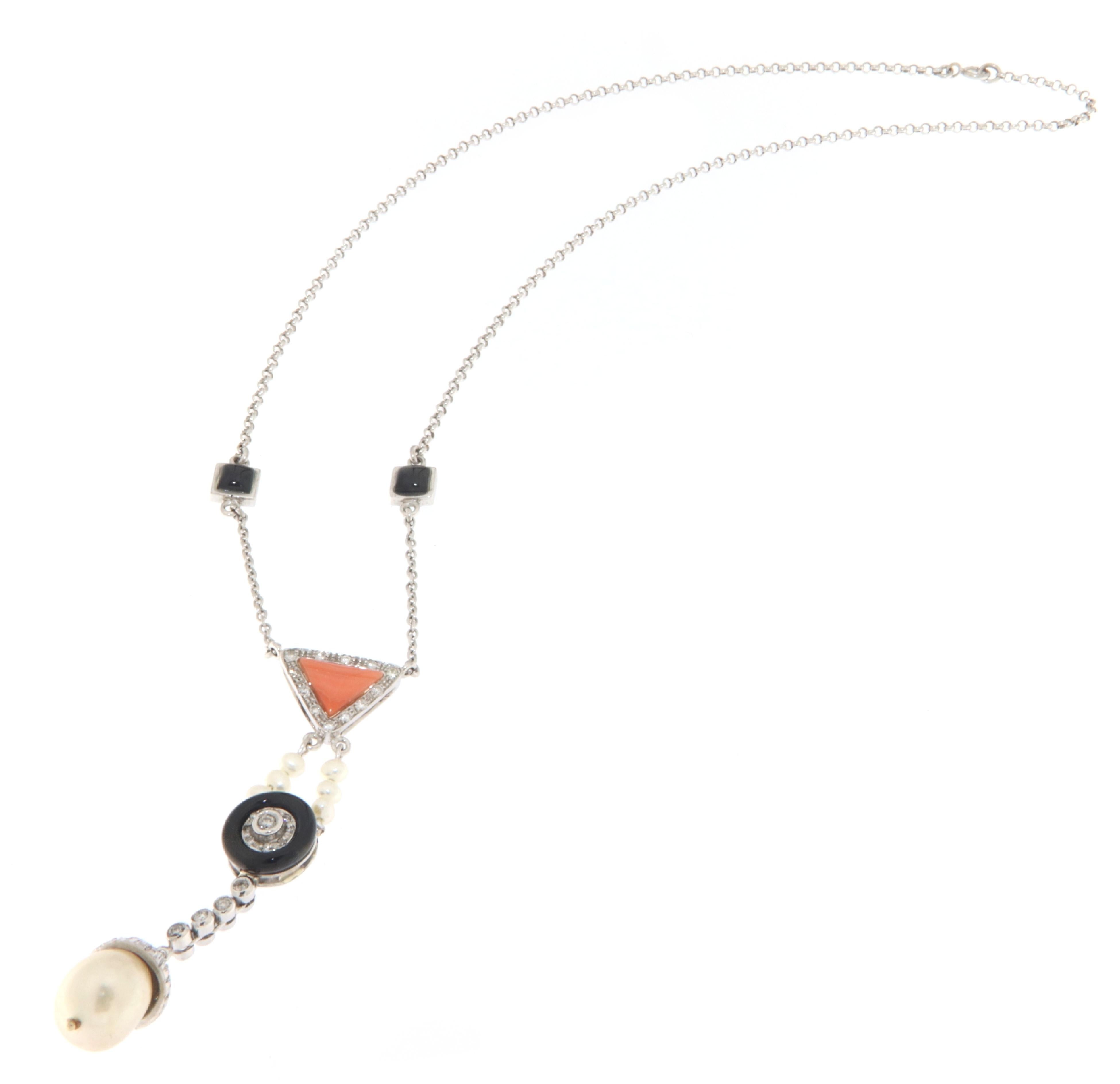 Pearls Coral Onyx Diamonds 18 Karat White Gold Pendant Necklace For Sale 2
