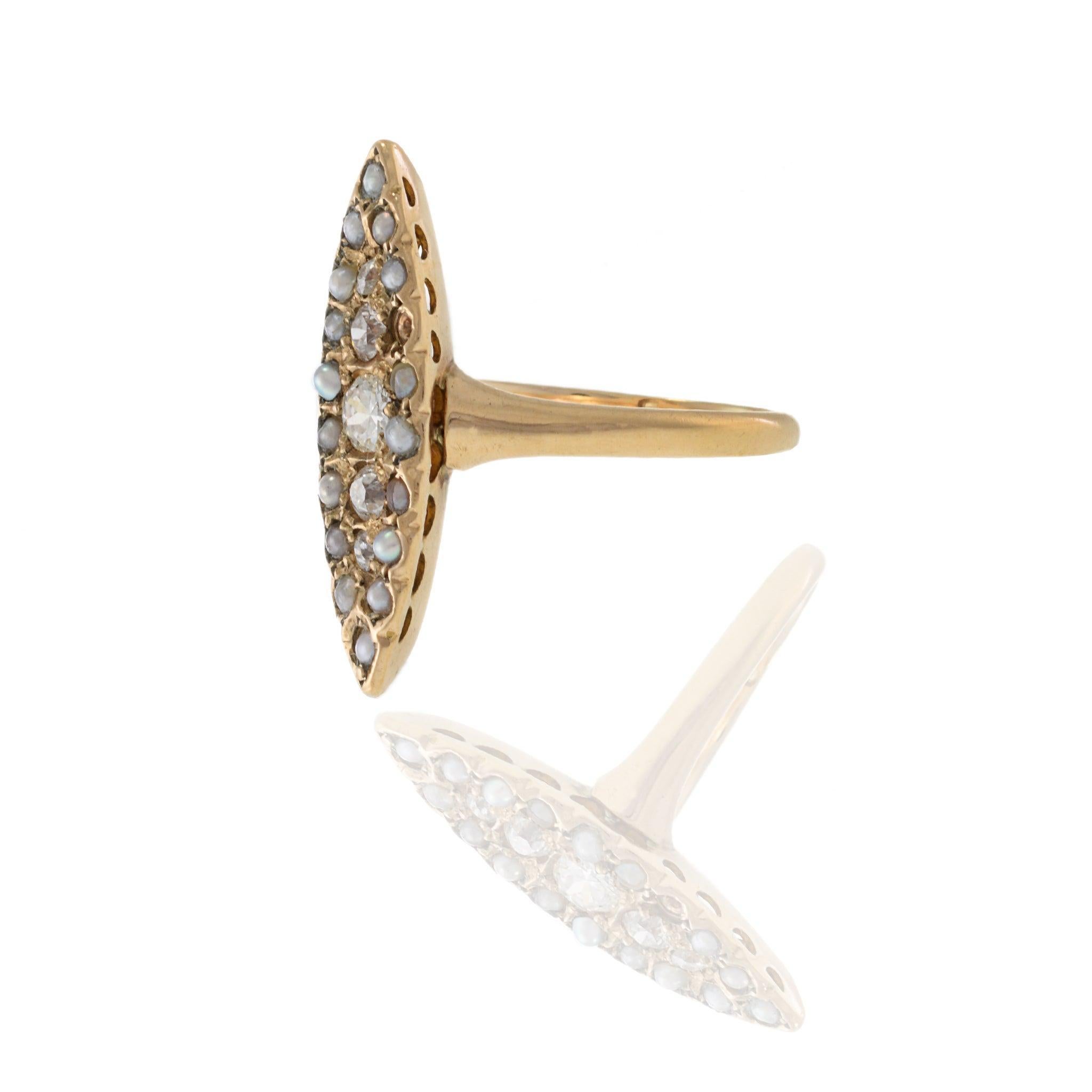 Victorien Bague Marquise en or 9KT, perles et diamants, ancienne, victorienne en vente