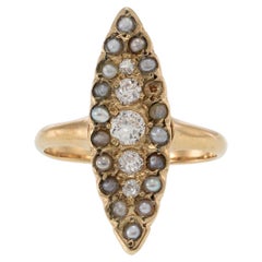 Pearls & Diamond Antique Victorian 9KT Gold Marquise Ring