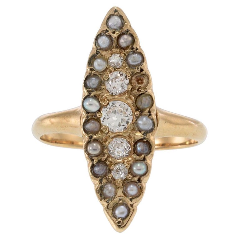 Bague Marquise en or 9KT, perles et diamants, ancienne