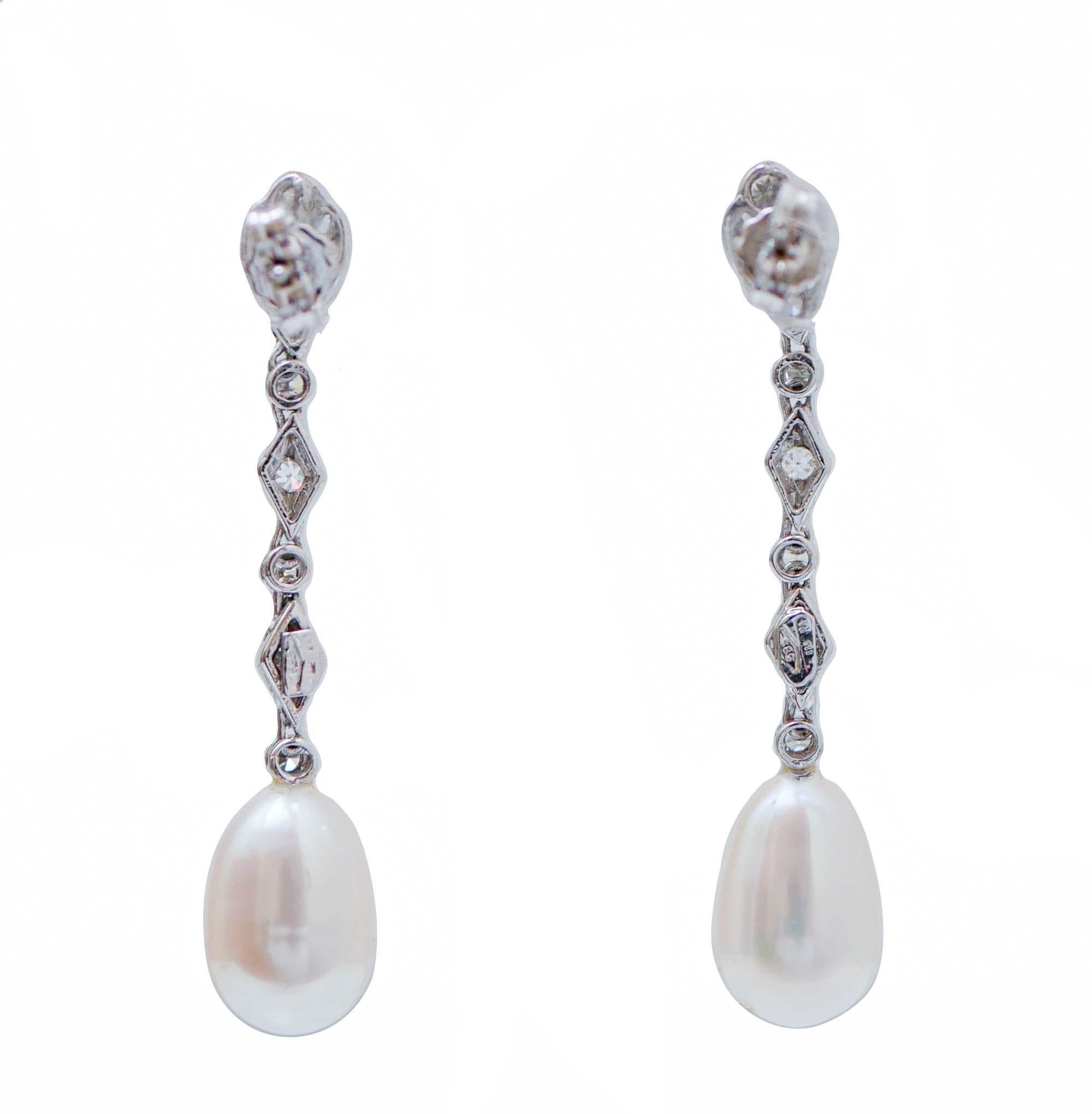 Retro Pearls, Diamonds, 14 Karat White Gold Dangle Earrings. For Sale