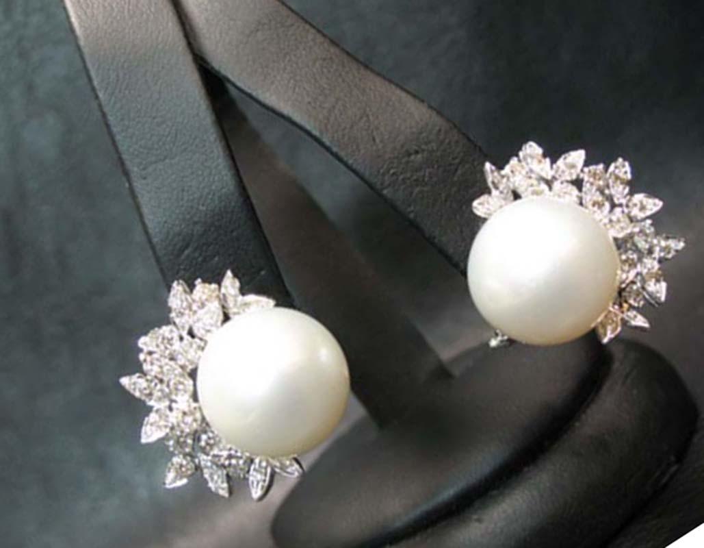 Mixed Cut Pearls, Diamonds, 14 Karat White Gold Earrings.