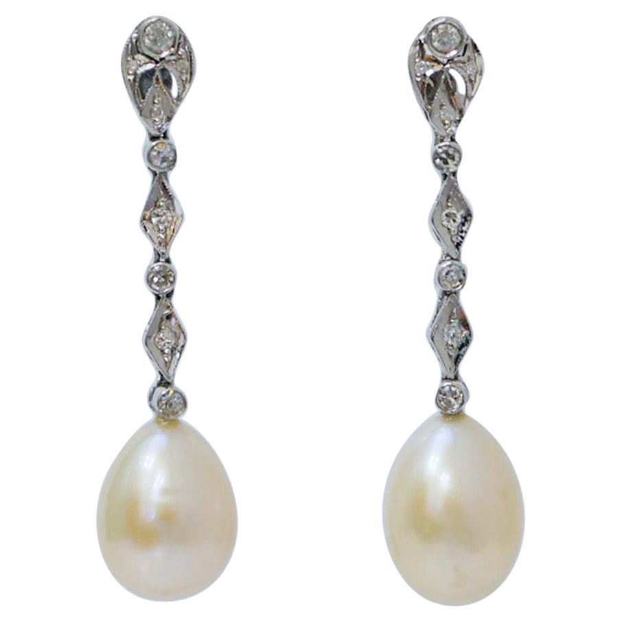 Pearls, Diamonds, 14 Karat White Gold Earrings.