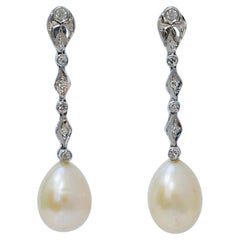 Pearls, Diamonds, 14 Karat White Gold Earrings.