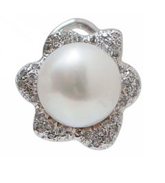Pearls, Diamonds, 14 Karat White Gold Flower Earrings.