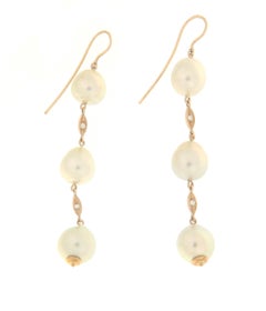Vintage Cultured South Sea Pearl Triple & Diamond 14K Yellow Gold Drop Earrings