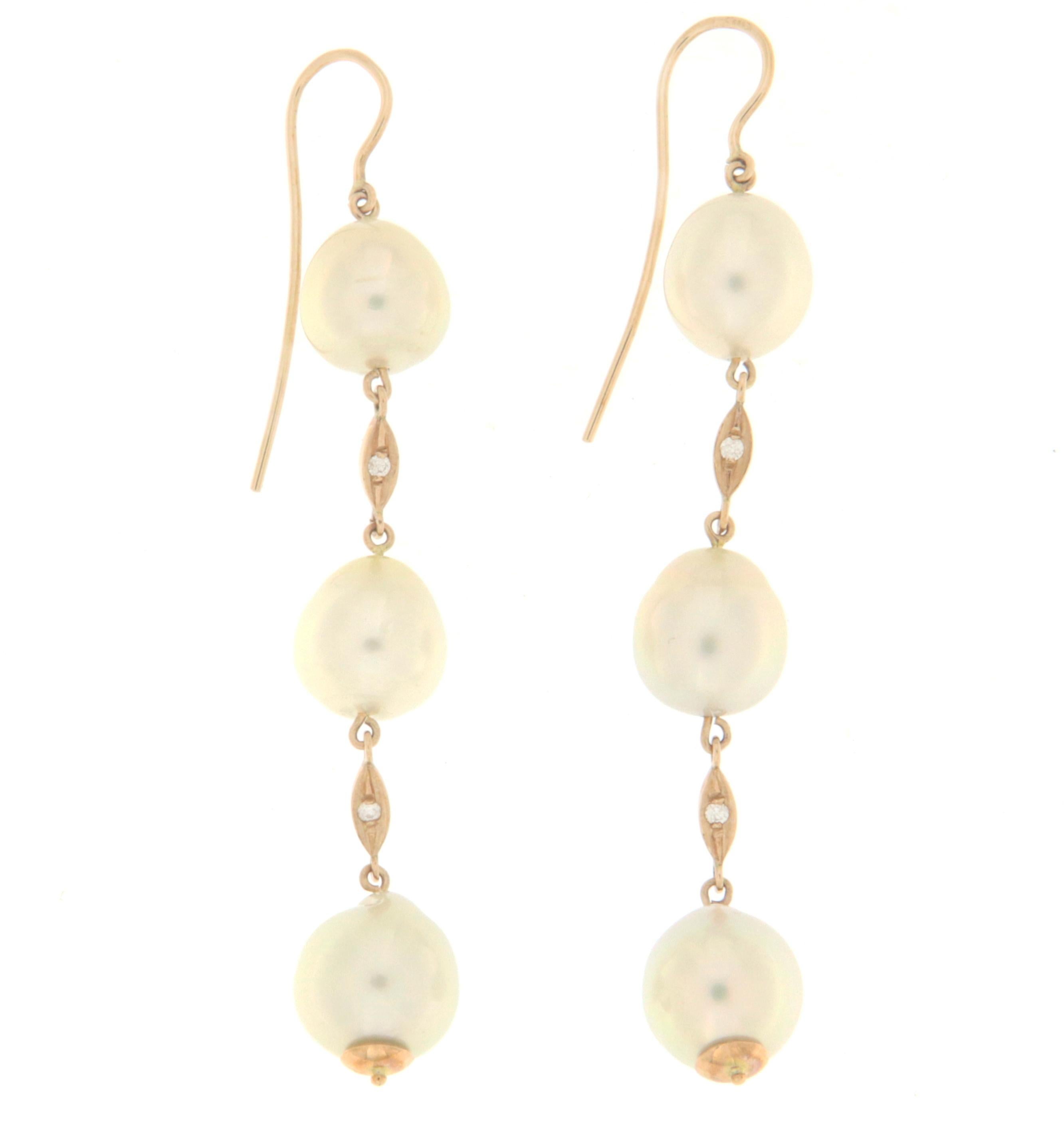 Brilliant Cut Pearls Diamonds 14 Karat Yellow Gold Drop Earrings For Sale