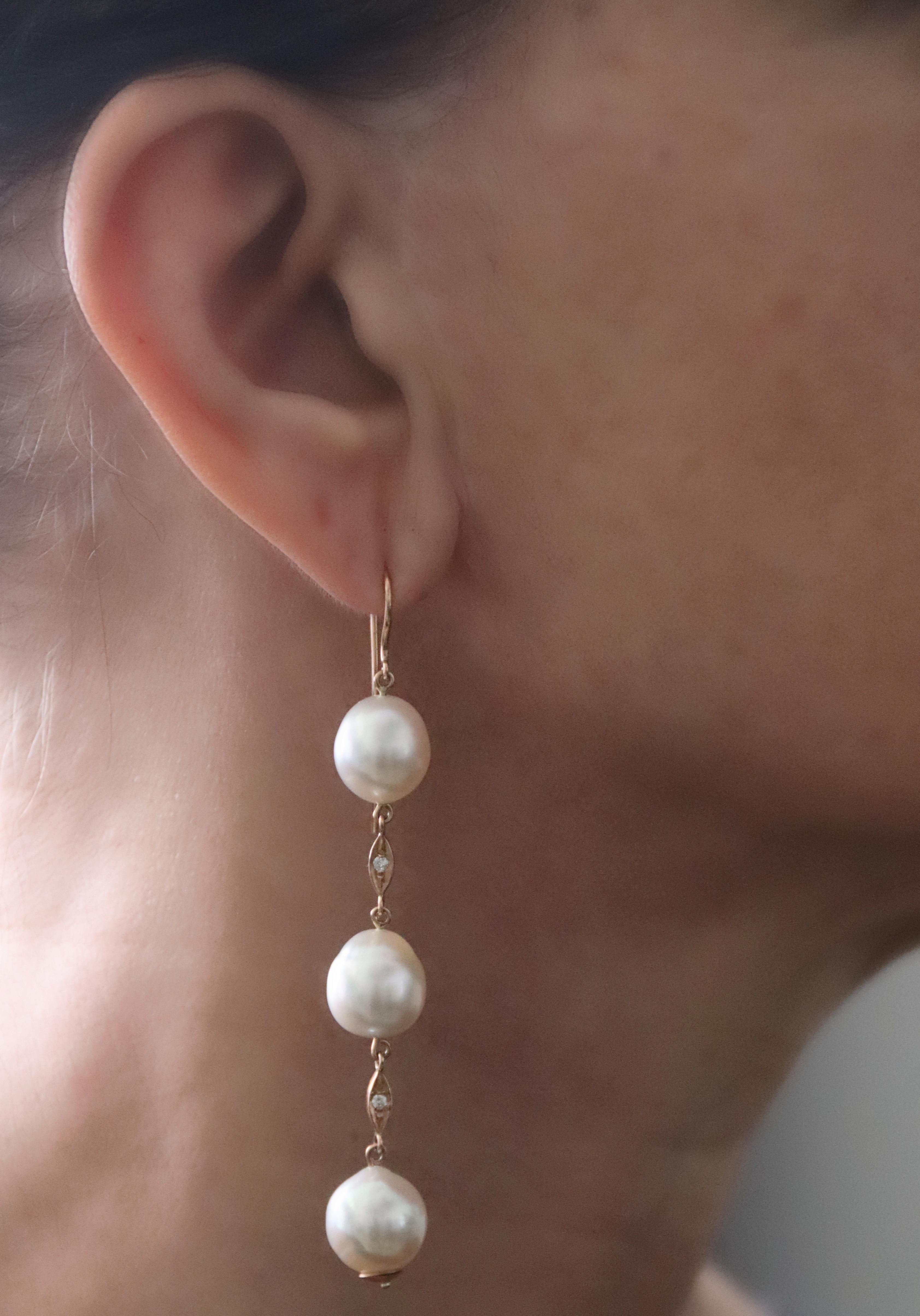 Women's Pearls Diamonds 14 Karat Yellow Gold Drop Earrings For Sale