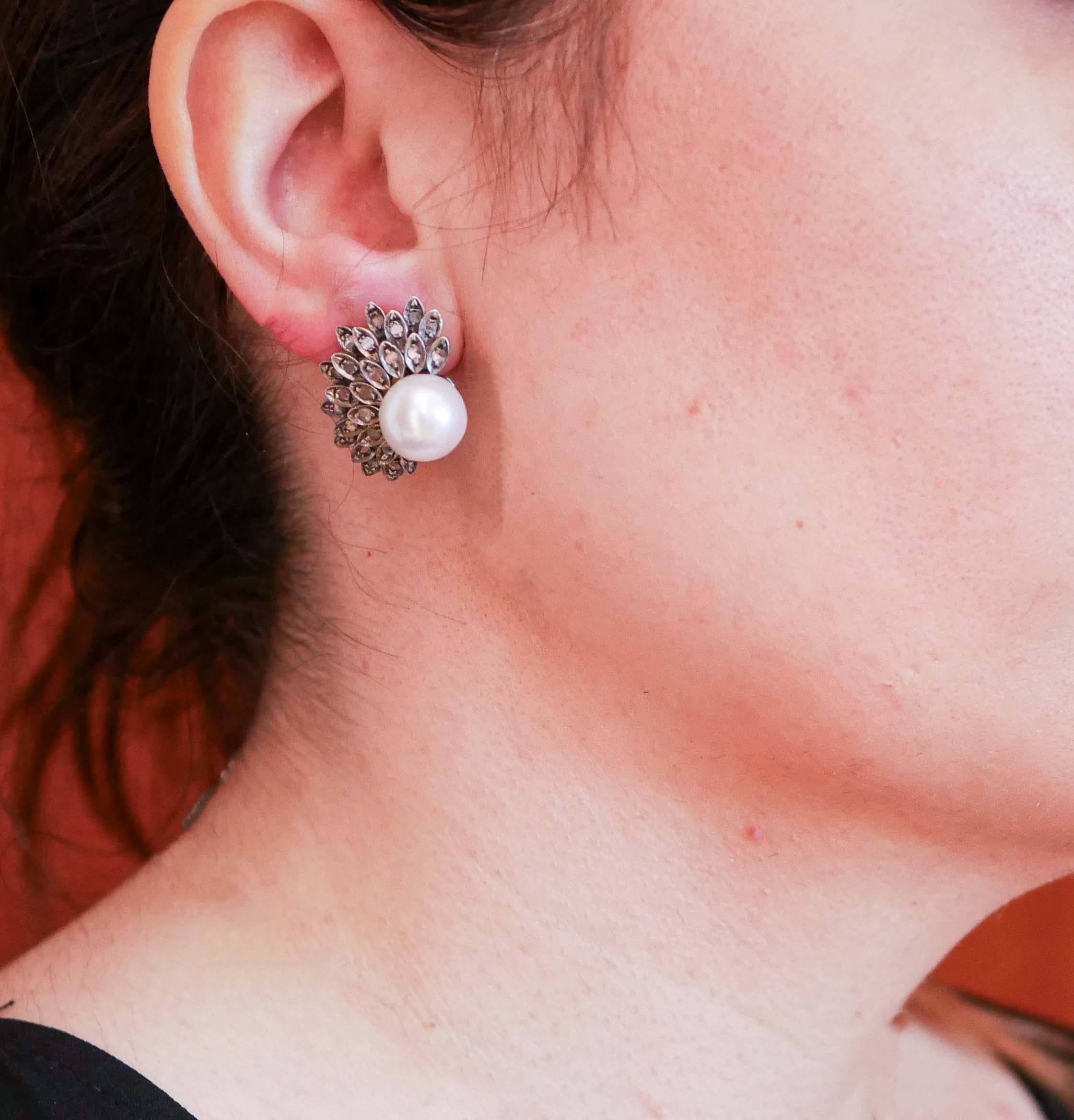 Mixed Cut Pearls, Diamonds, 18  Karat Rose Gold and Silver Earrings.