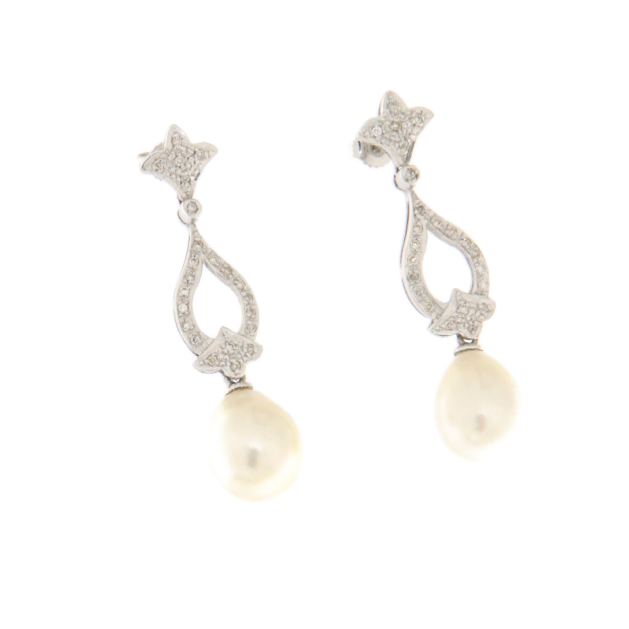 Pearls Diamonds 18 Karat White Gold Drop Earrings In New Condition For Sale In Marcianise, IT