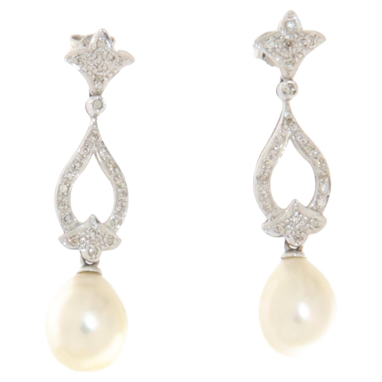 Pearls Diamonds 18 Karat White Gold Drop Earrings