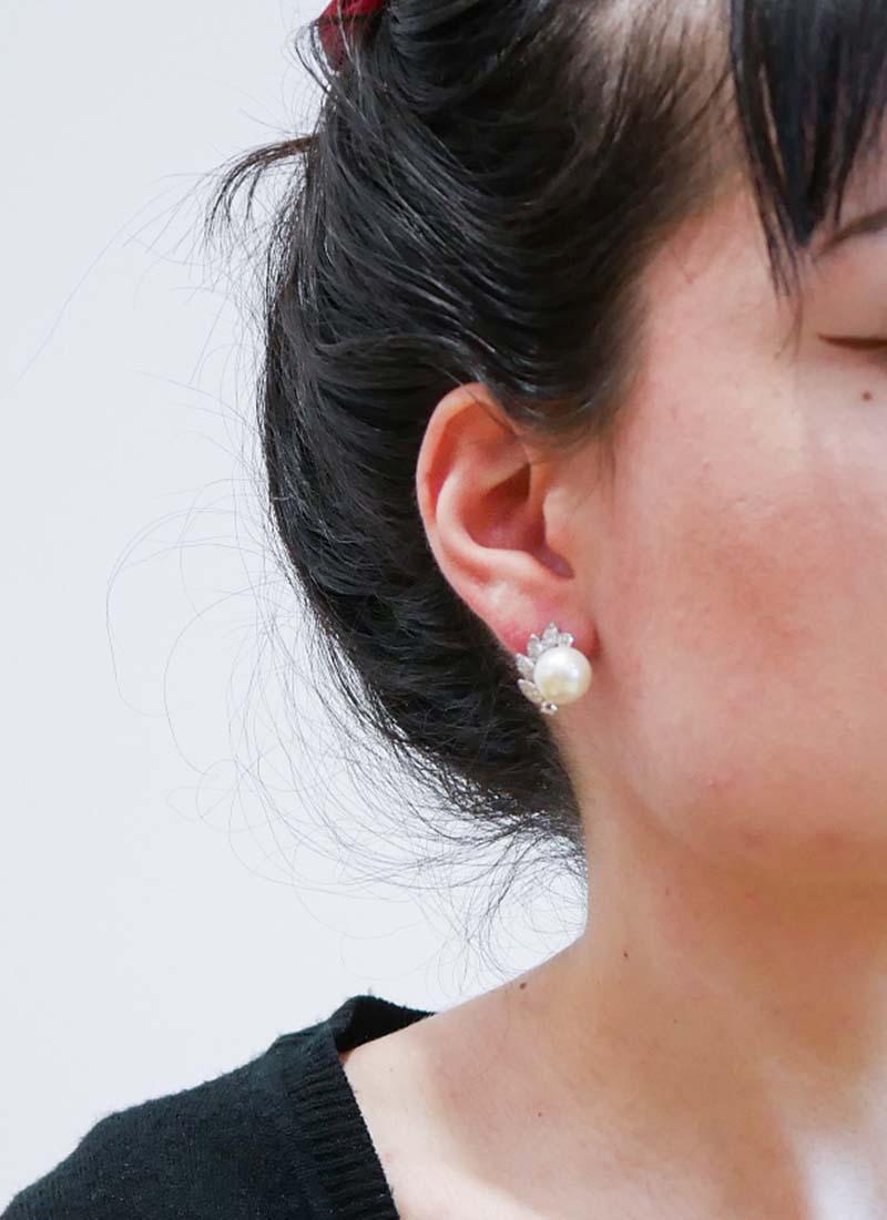 Mixed Cut Pearls, Diamonds, 18 Karat White Gold Earrings. For Sale