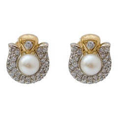 Pearls, Diamonds, 18 Karat Yellow Gold and White Gold Earrings.