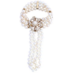 Pearls Diamonds 18 Karat Yellow Gold Bracelet with Extra Hand Loop