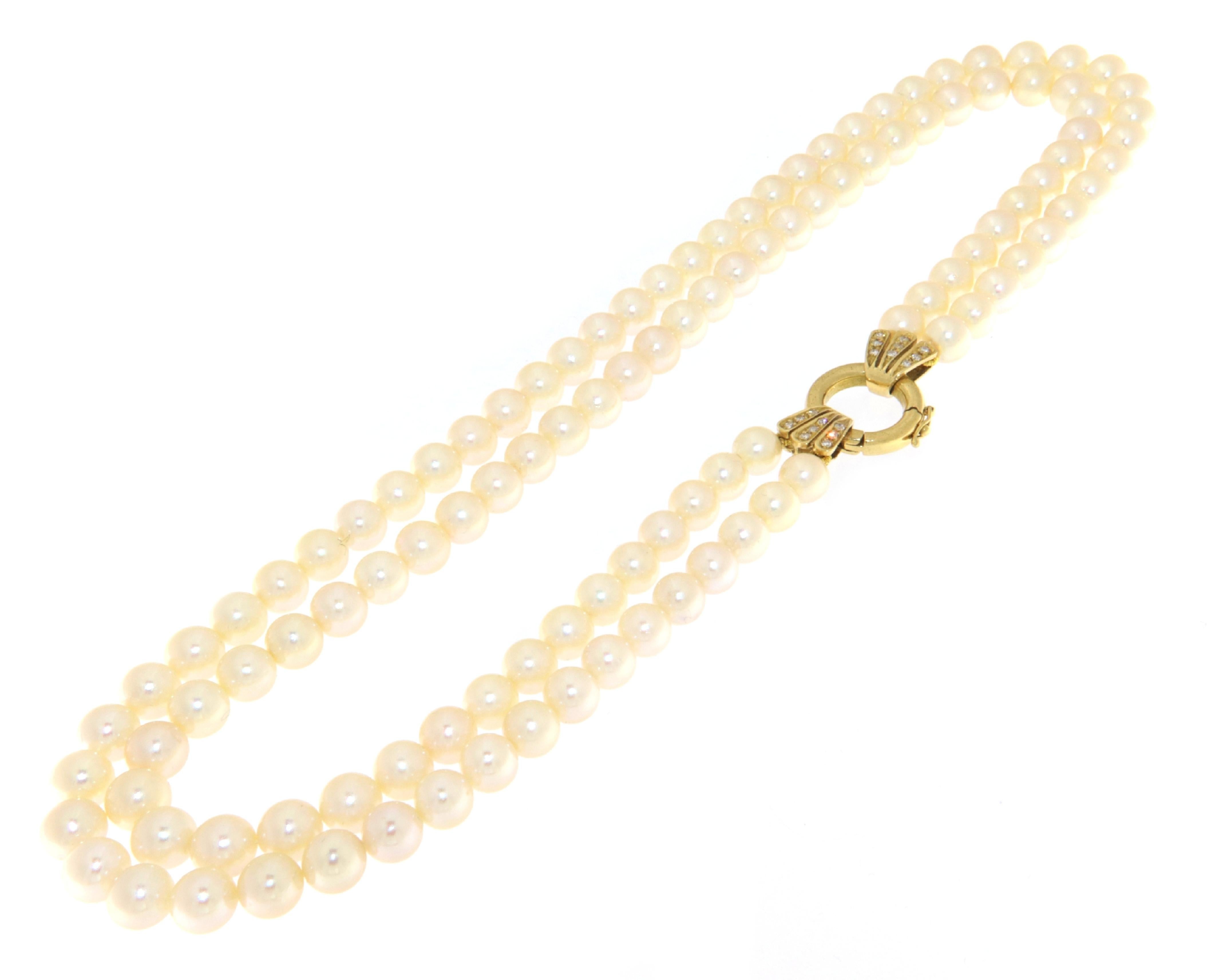 Artisan Pearls Diamonds 18 Karat Yellow Gold Multi Strand Necklace For Sale