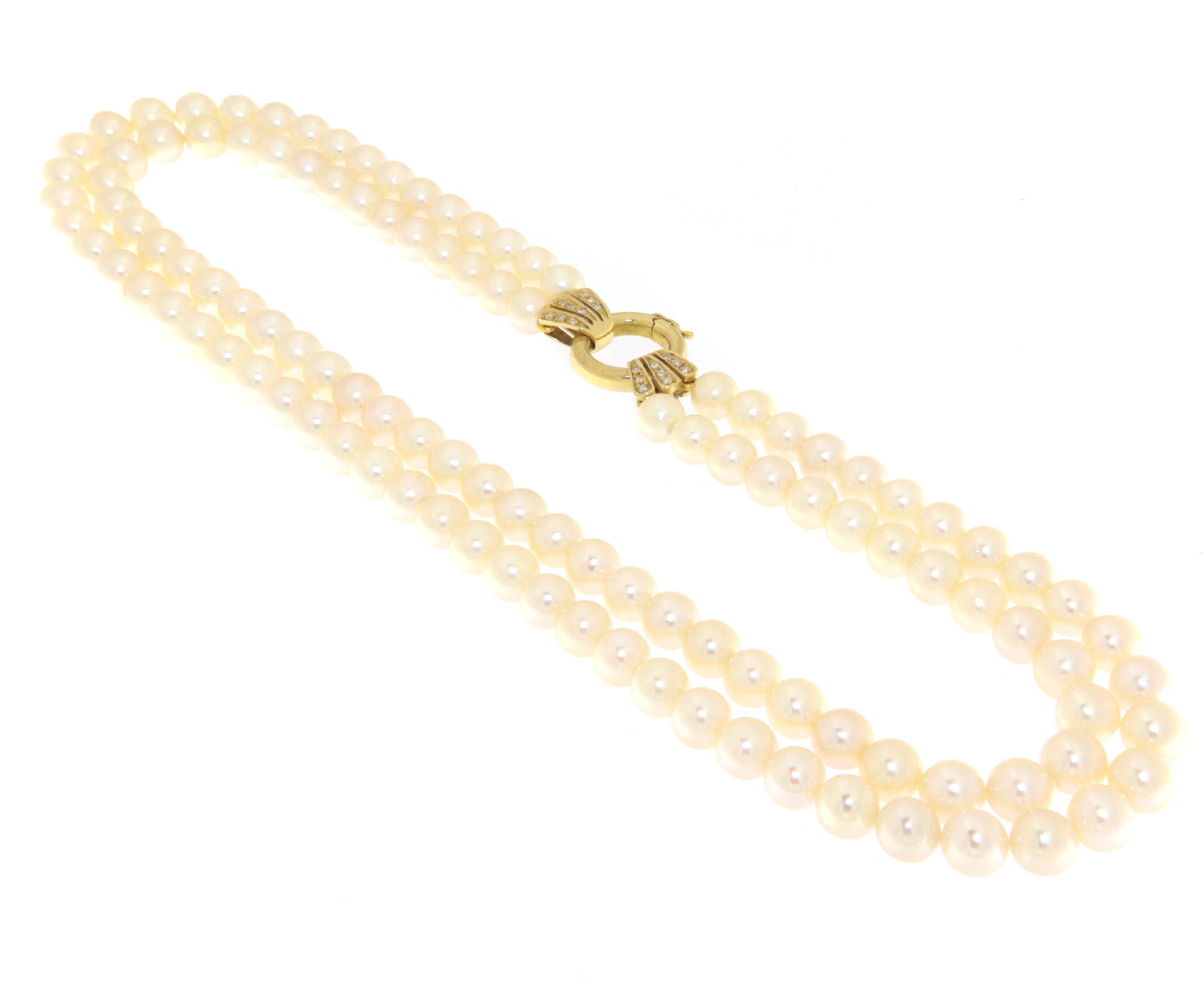 Brilliant Cut Pearls Diamonds 18 Karat Yellow Gold Multi Strand Necklace For Sale