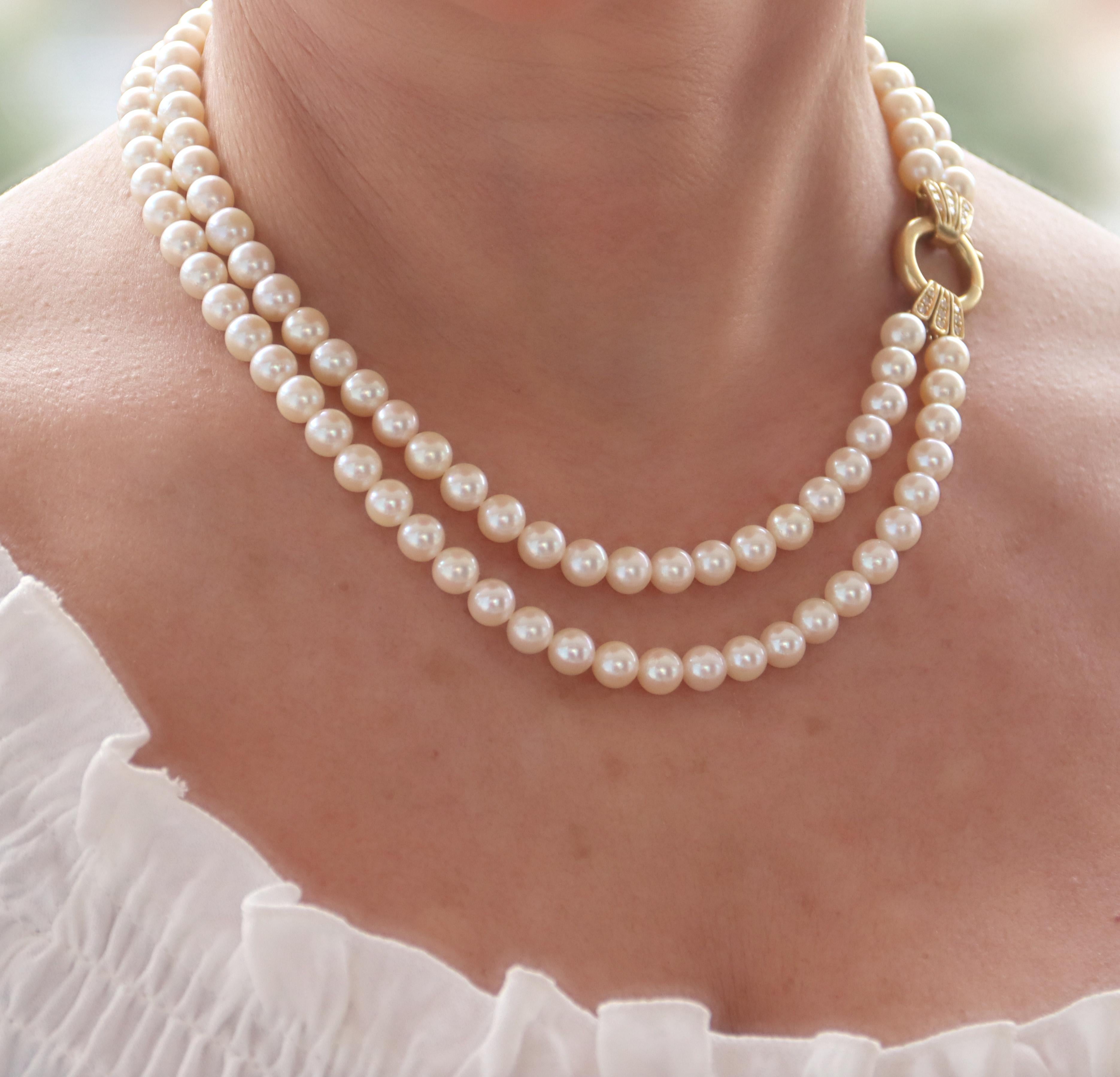 Women's Pearls Diamonds 18 Karat Yellow Gold Multi Strand Necklace For Sale
