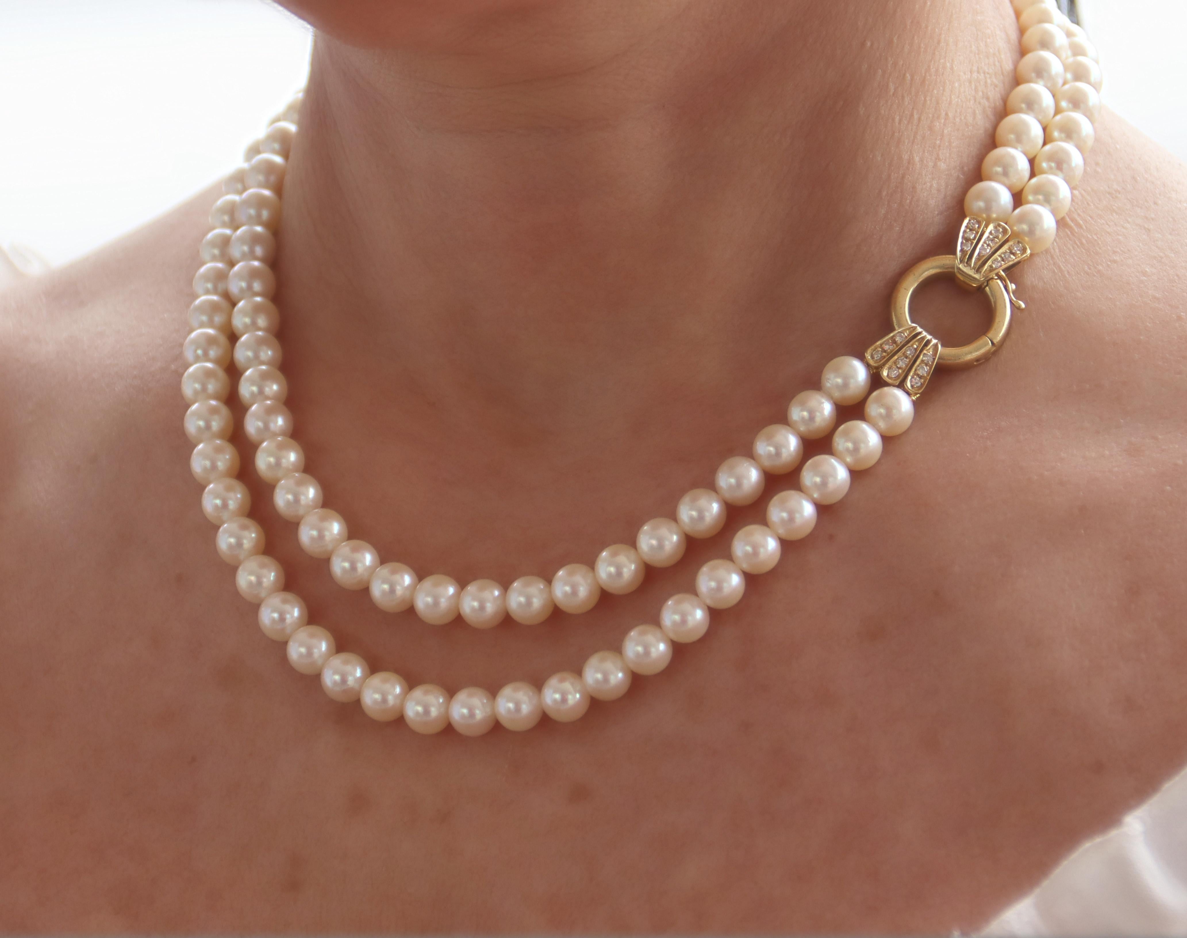 Pearls Diamonds 18 Karat Yellow Gold Multi Strand Necklace For Sale 1