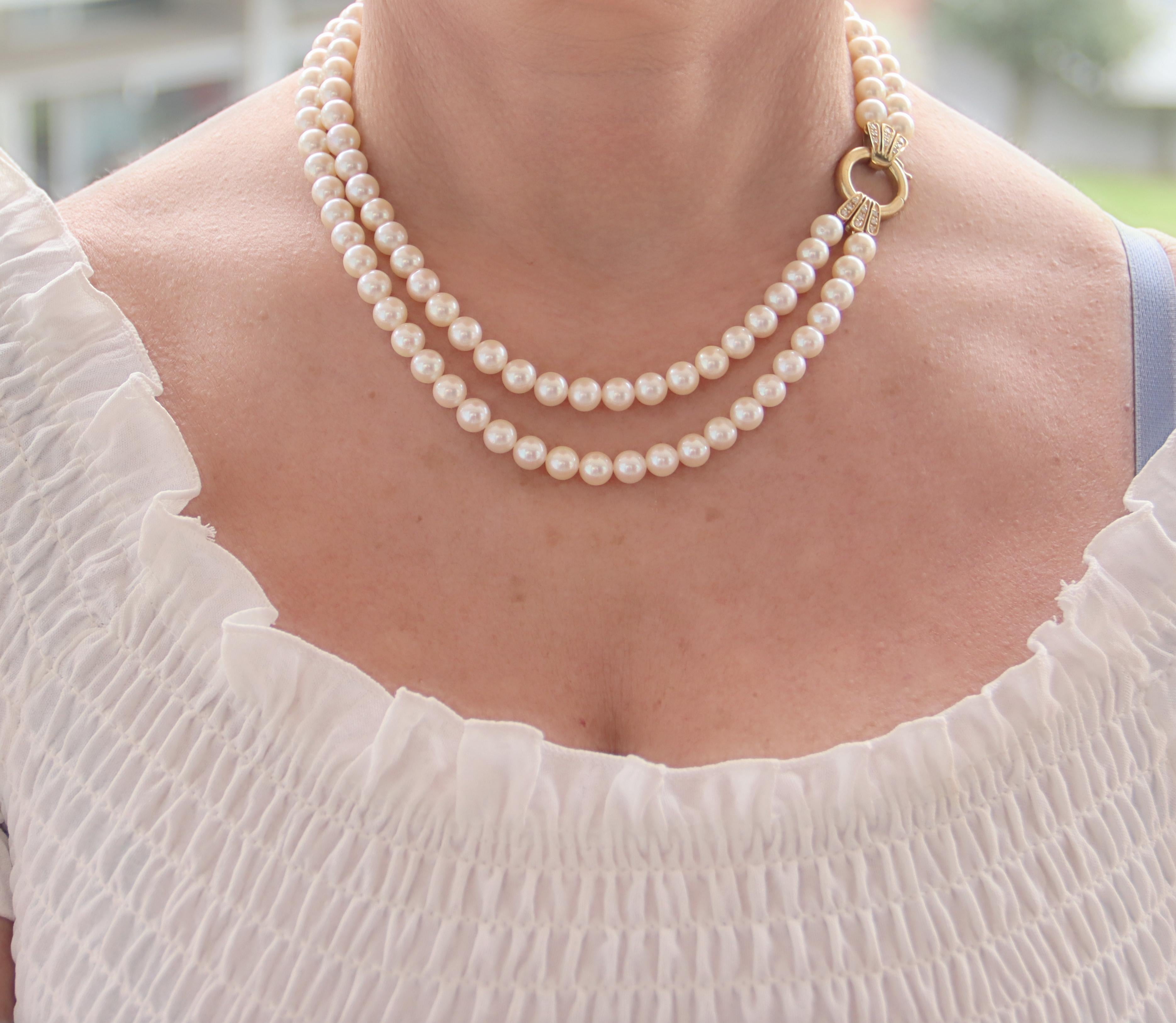 Pearls Diamonds 18 Karat Yellow Gold Multi Strand Necklace For Sale 2