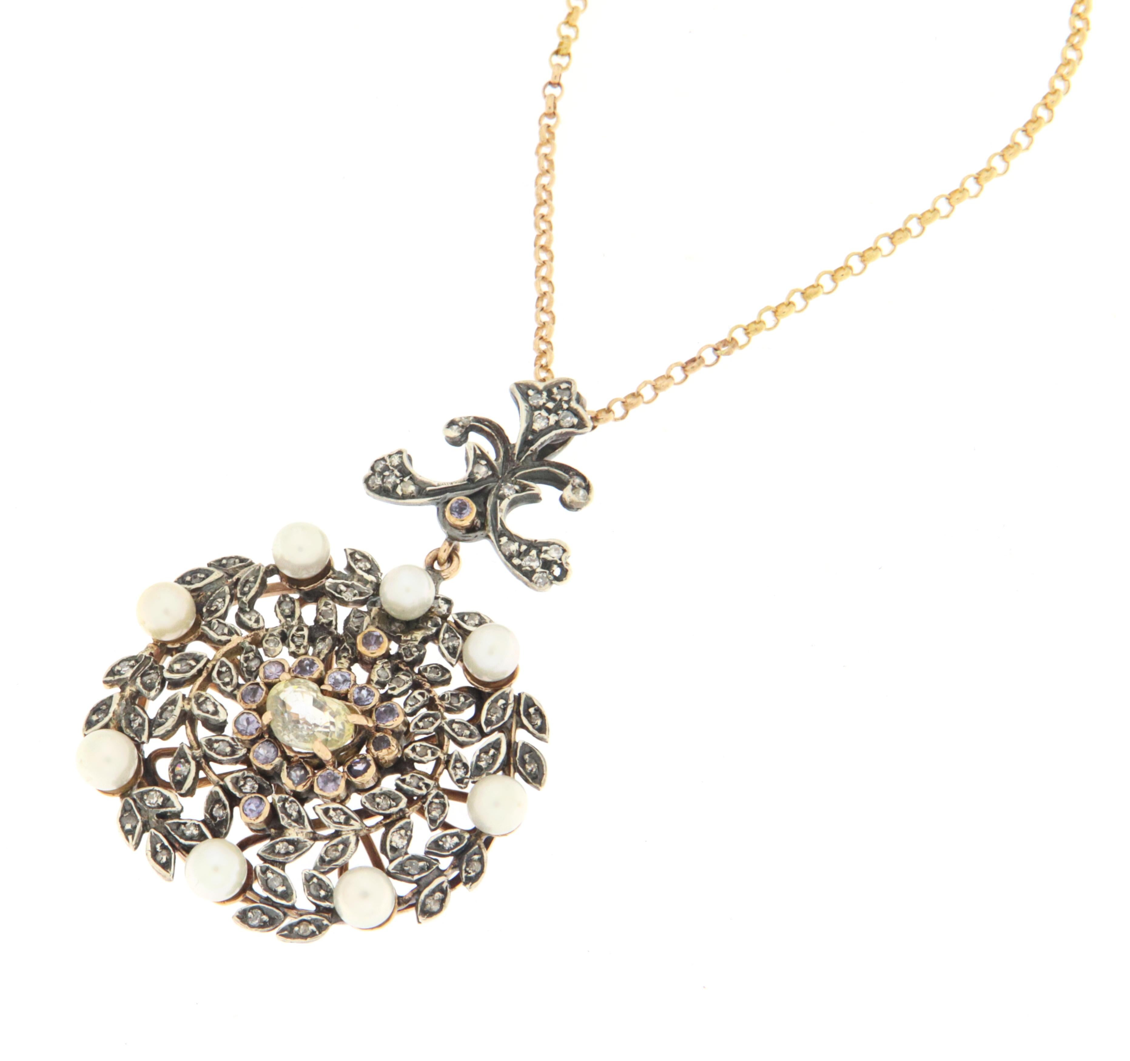 Baroque Revival Pearls Diamonds 9 Karat Yellow Gold Pendant Necklace For Sale