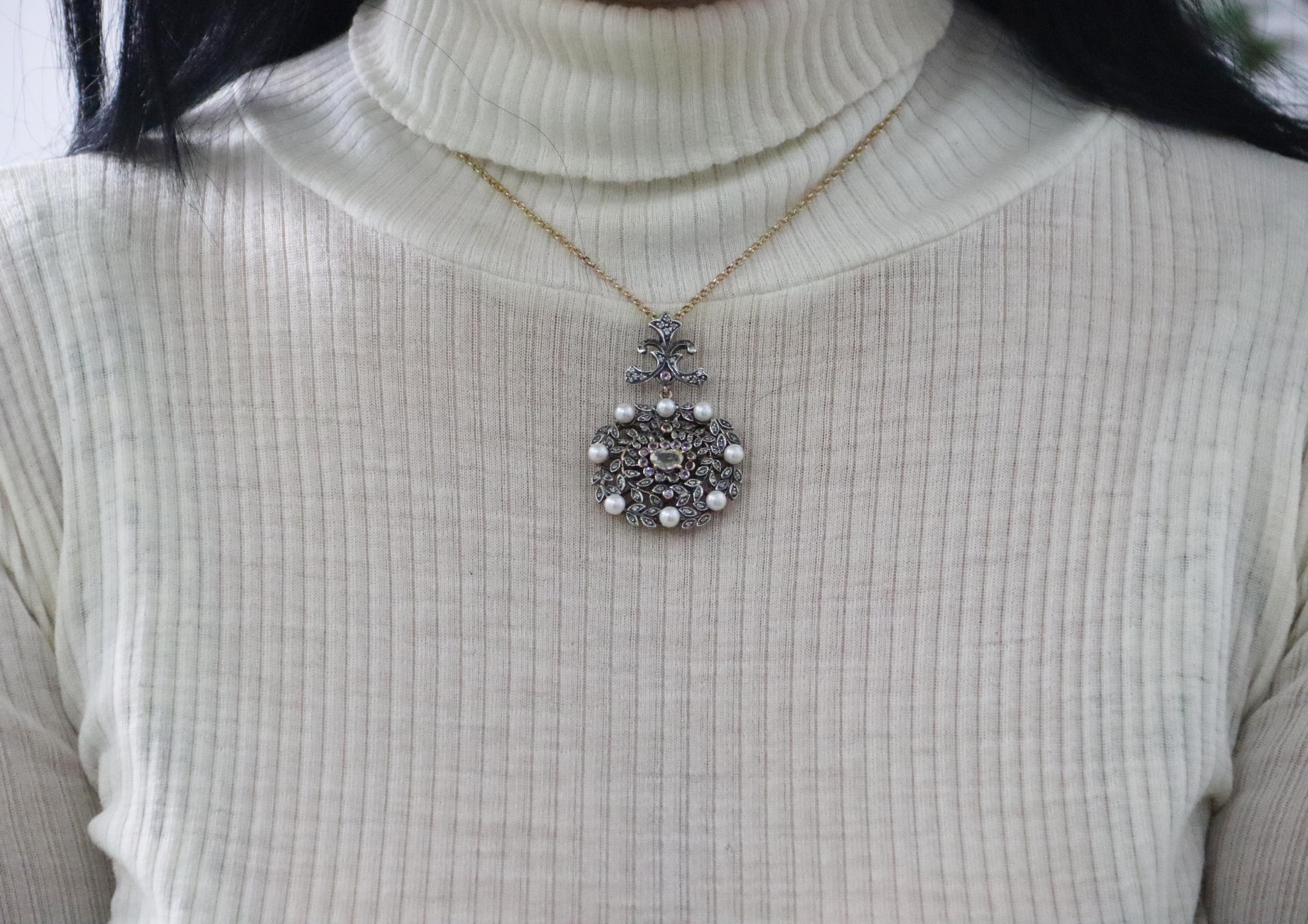 Perlen Diamanten 9 Karat Gelbgold Anhänger Halskette im Zustand „Neu“ im Angebot in Marcianise, IT