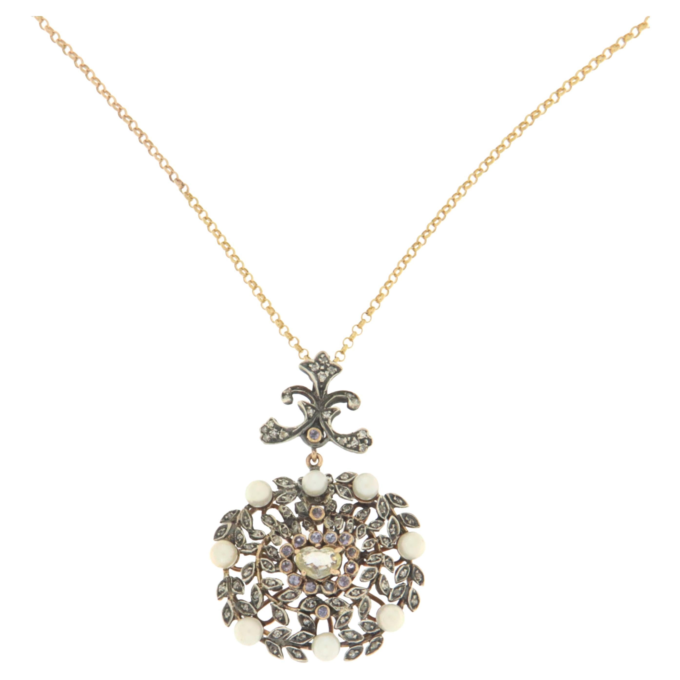Pearls Diamonds 9 Karat Yellow Gold Pendant Necklace For Sale
