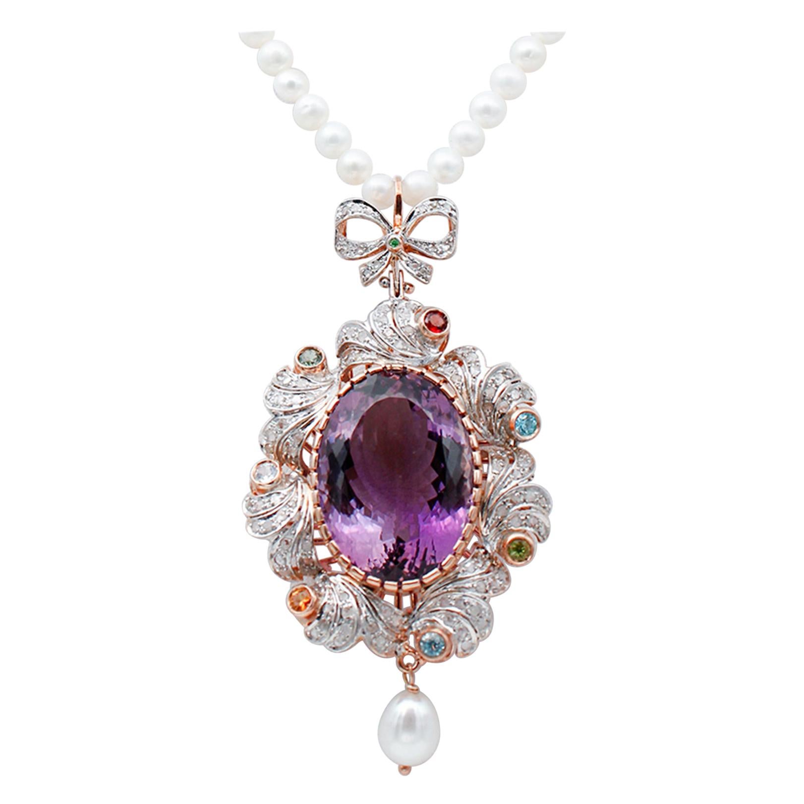 Pearls, Diamonds, Amethyst, Topazs, Peridots, Garnets, Tsavorite Pendant Necklace