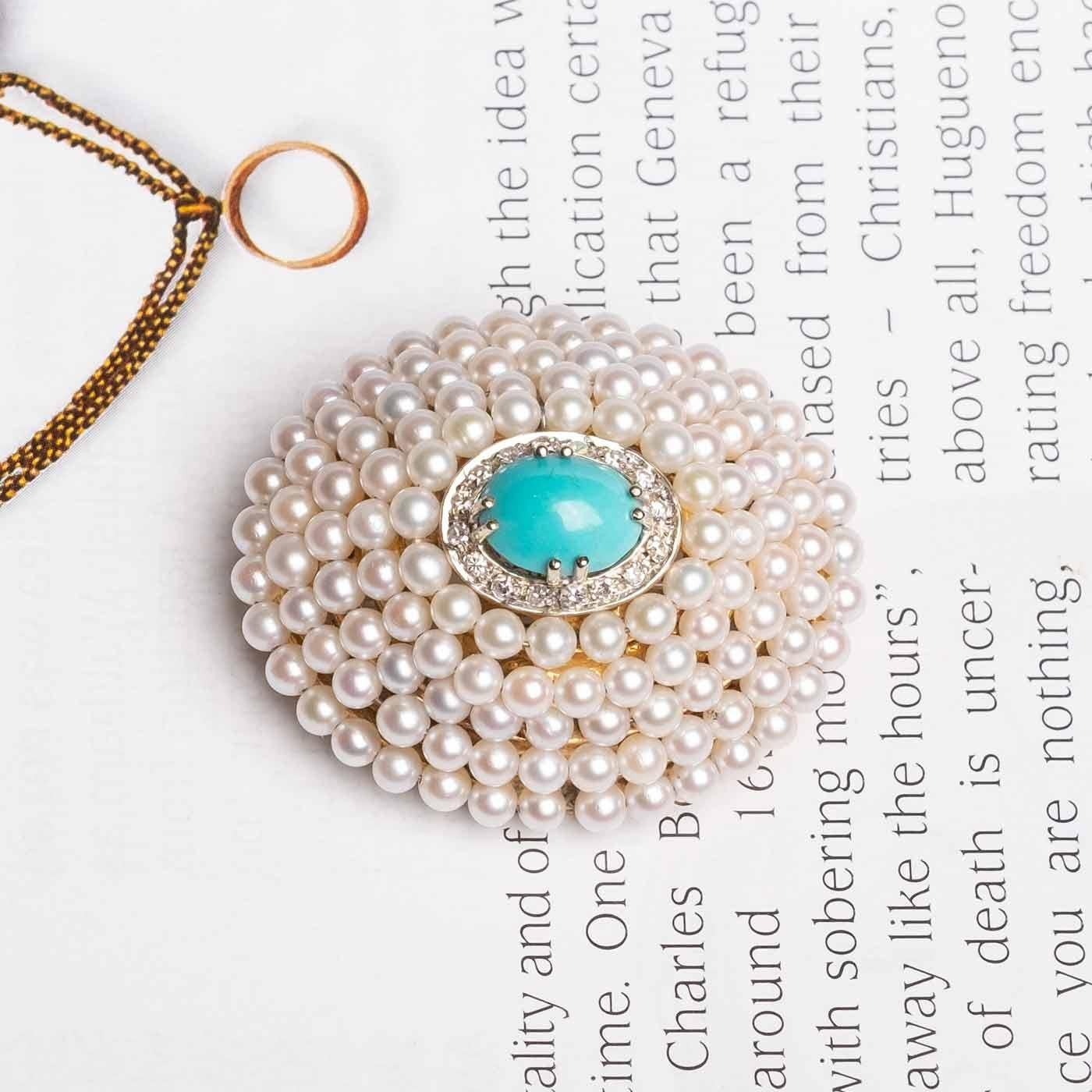 Vintage-Brosche mit Perlen, Diamanten und Türkisen im Zustand „Gut“ im Angebot in Milano, MI