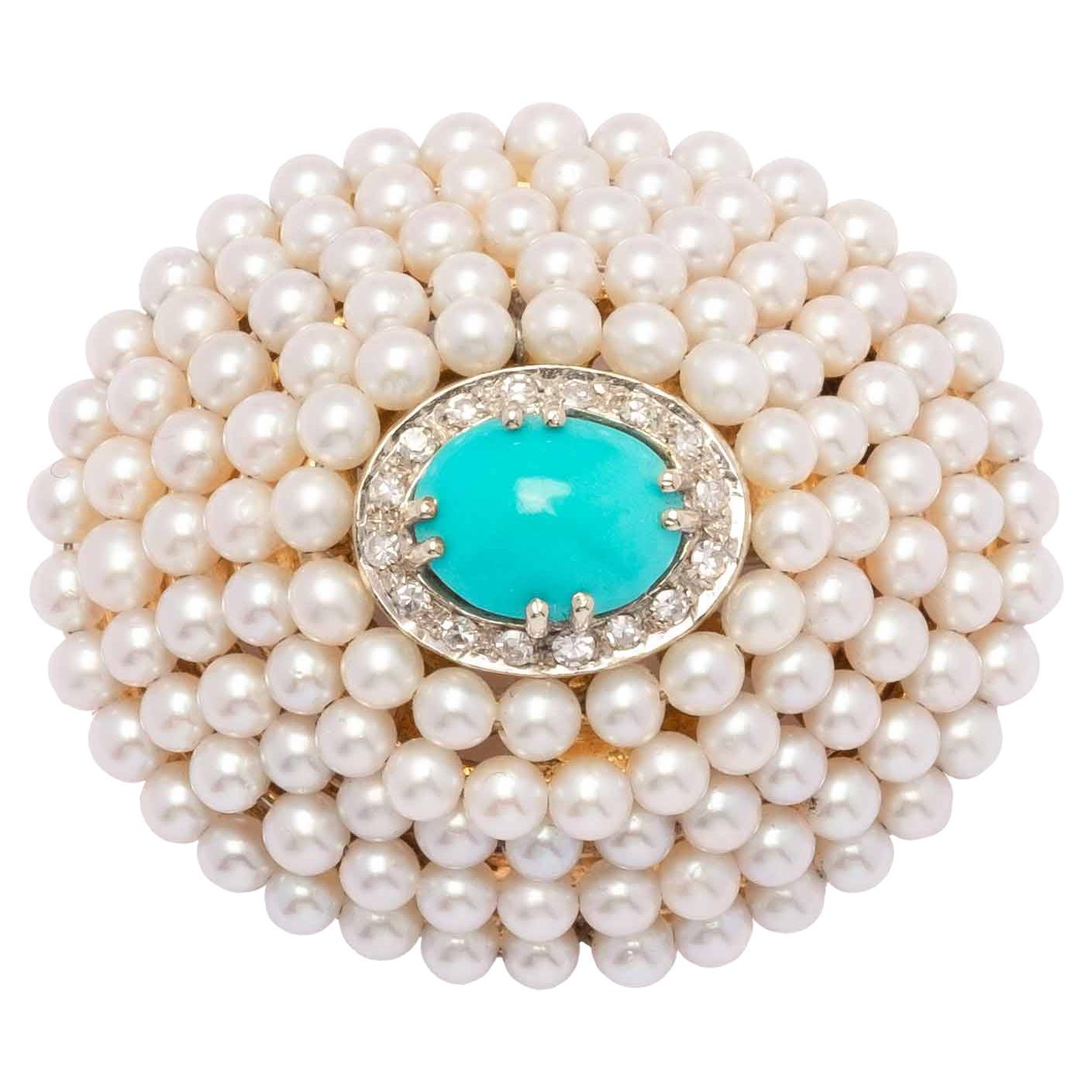 Pearls diamonds and turquoise vintage brooch