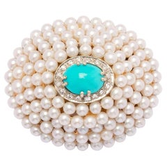 Pearls diamonds and turquoise vintage brooch